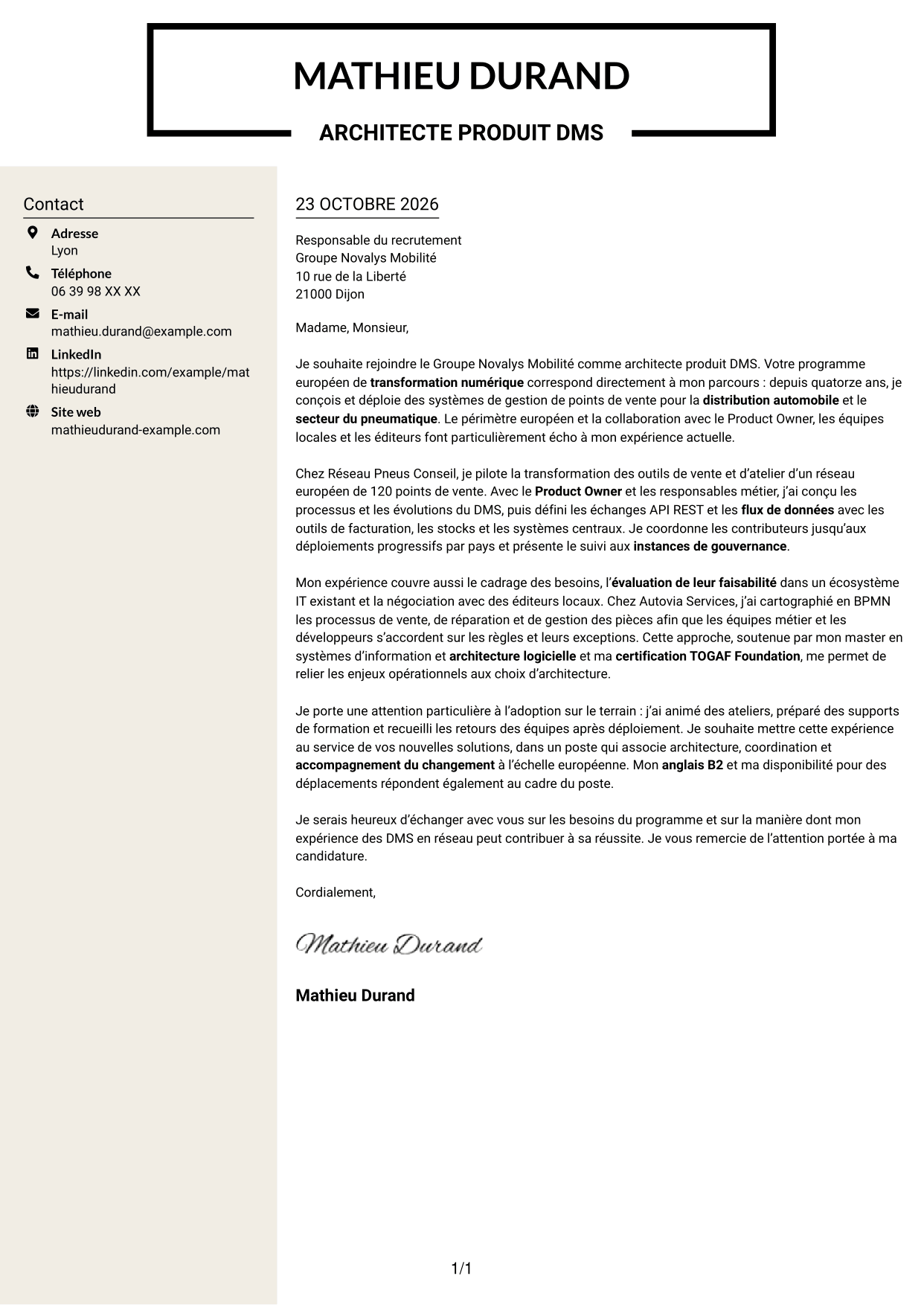 Lettre de motivation Fonceur (format à deux colonnes avec en-tête centré sans photo) : Architecte produit Dealer Management System, page 1