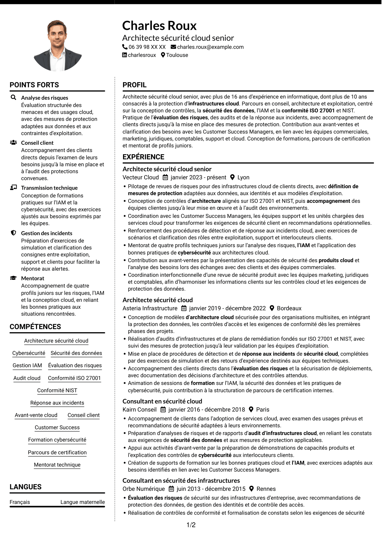 CV Moderne (format à deux colonnes avec photo à gauche et séparateur) : Architecte sécurité cloud senior, page 1