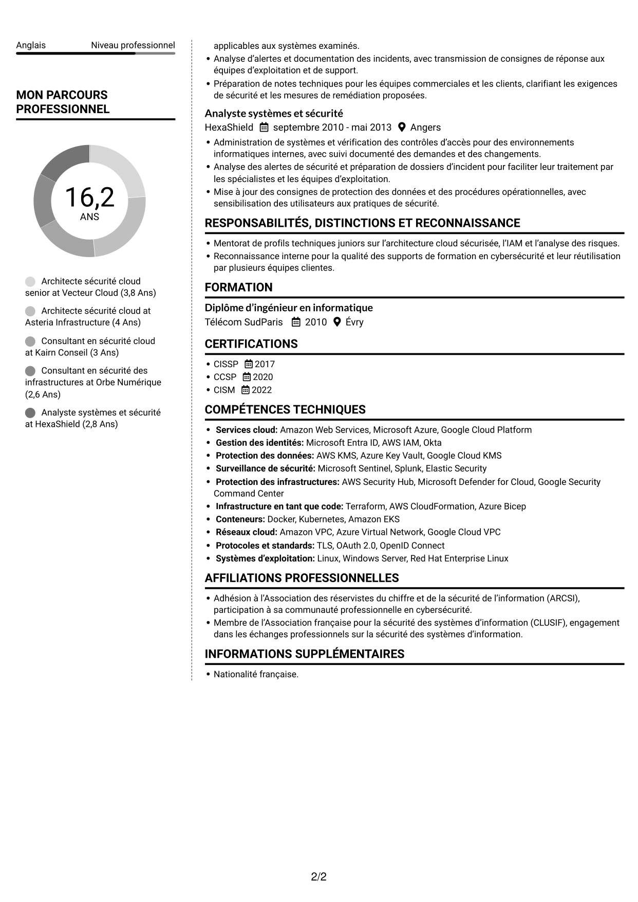 CV Moderne (format à deux colonnes avec photo à gauche et séparateur) : Architecte sécurité cloud senior, page 2