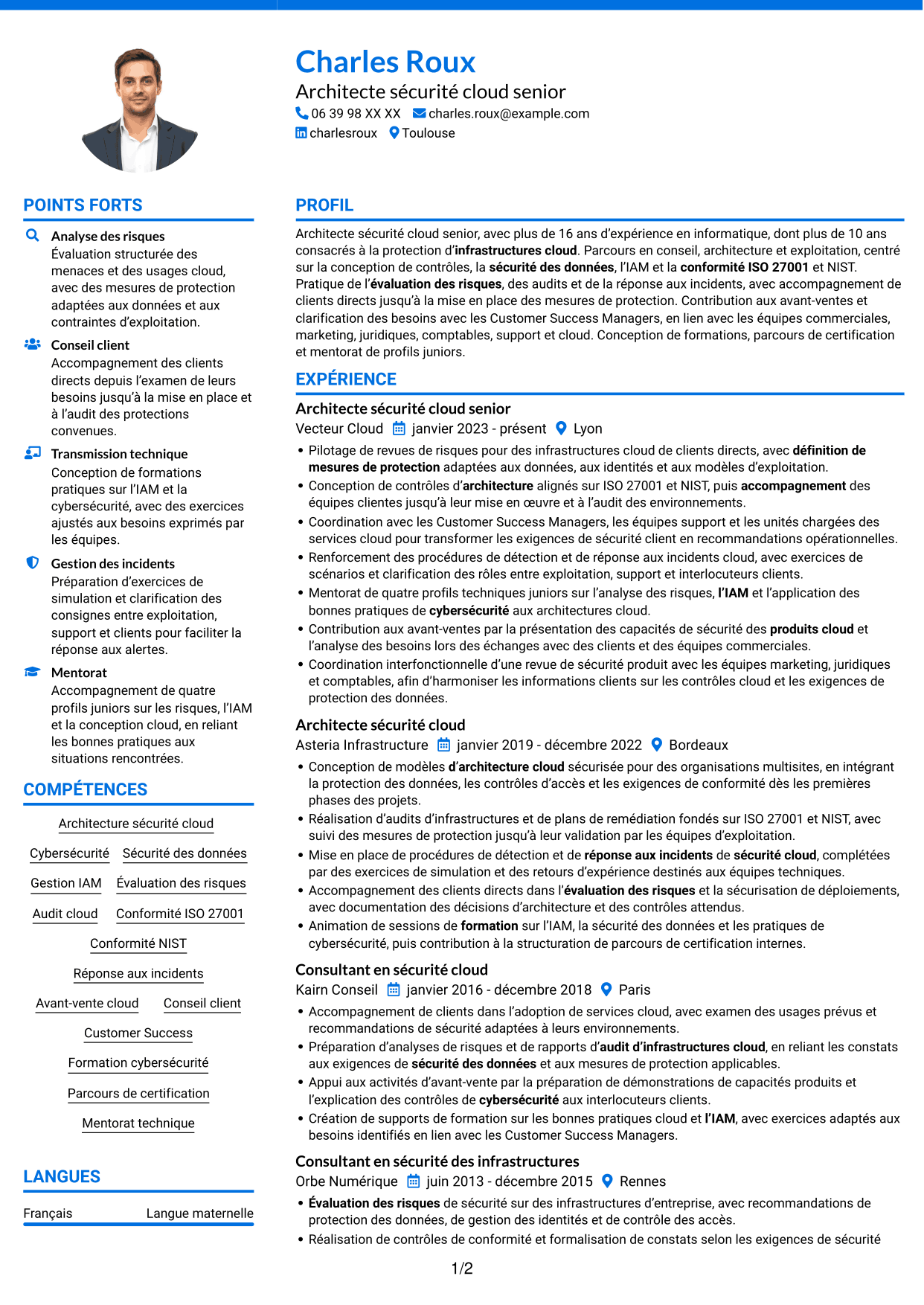 CV Audacieux (format à deux colonnes avec accents colorés et photo) : Architecte sécurité cloud senior, page 1
