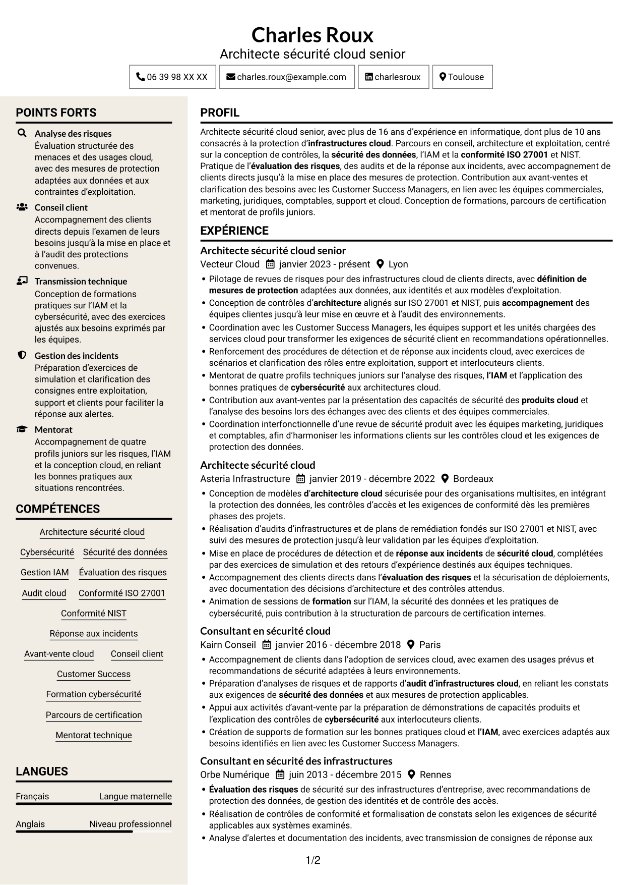 CV Fonceur (format à deux colonnes avec en-tête centré sans photo) : Architecte sécurité cloud senior, page 1