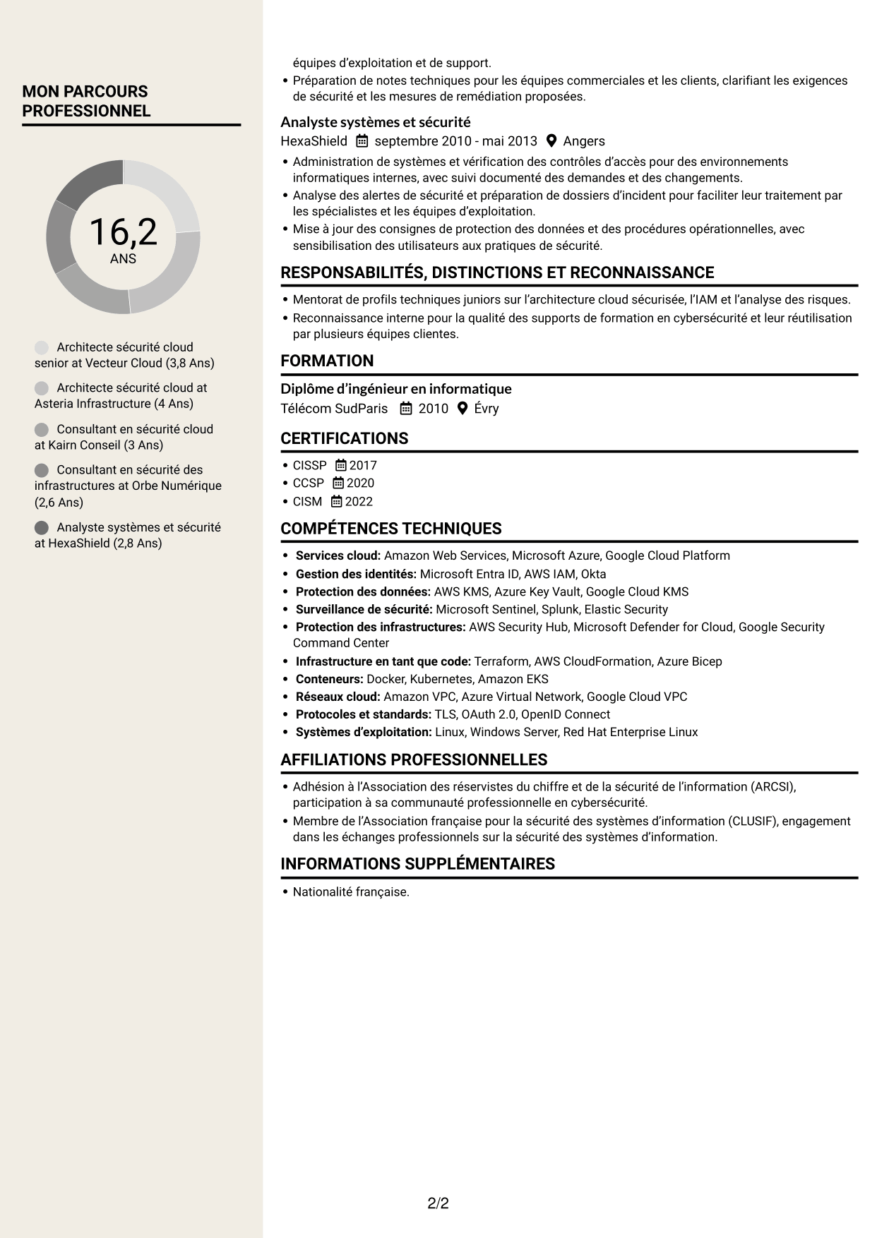 CV Fonceur (format à deux colonnes avec en-tête centré sans photo) : Architecte sécurité cloud senior, page 2