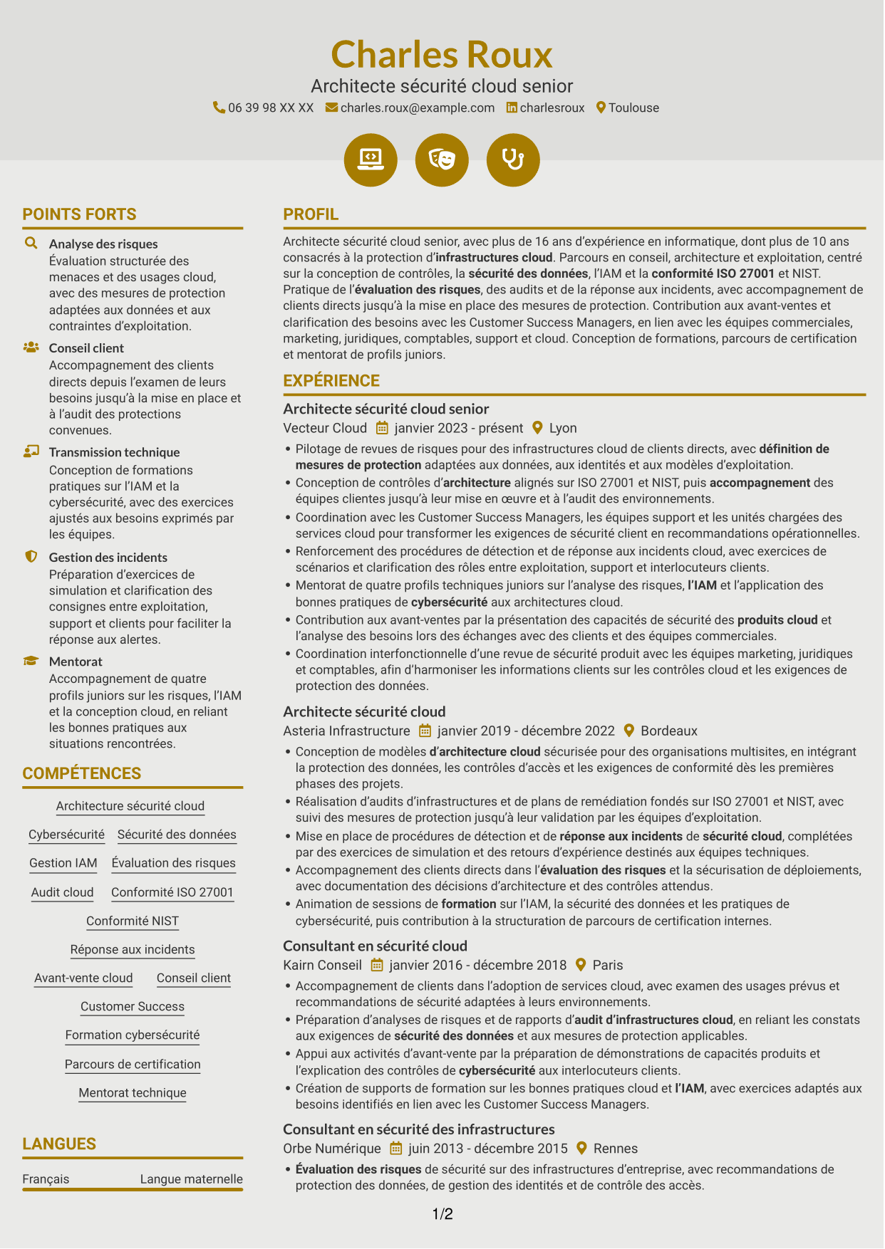 CV Dynamique (format à deux colonnes avec icônes) : Architecte sécurité cloud senior, page 1