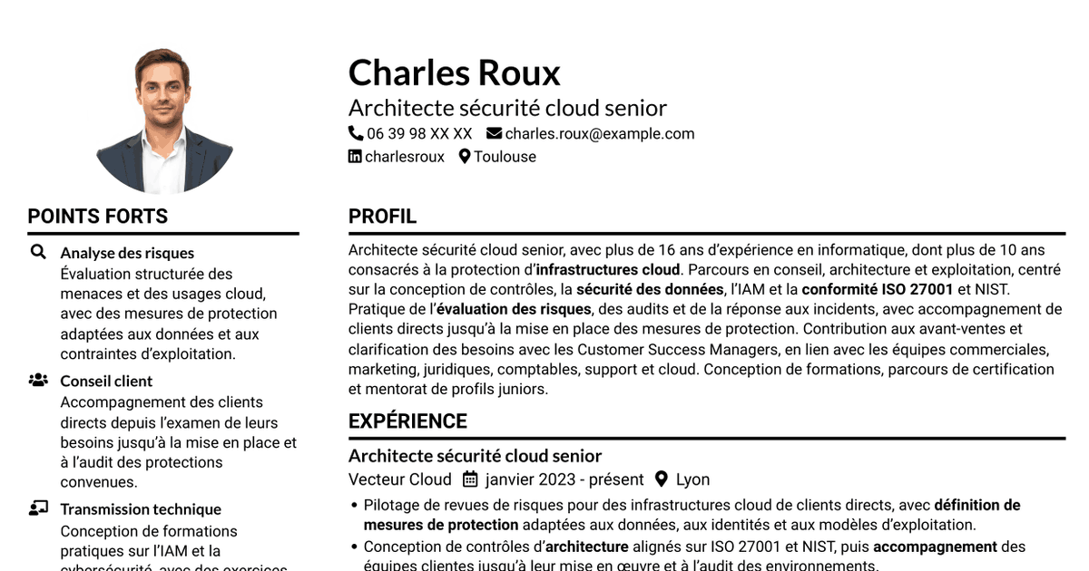 7 modèles de CV pour Architecte sécurité cloud senior, avec exemples