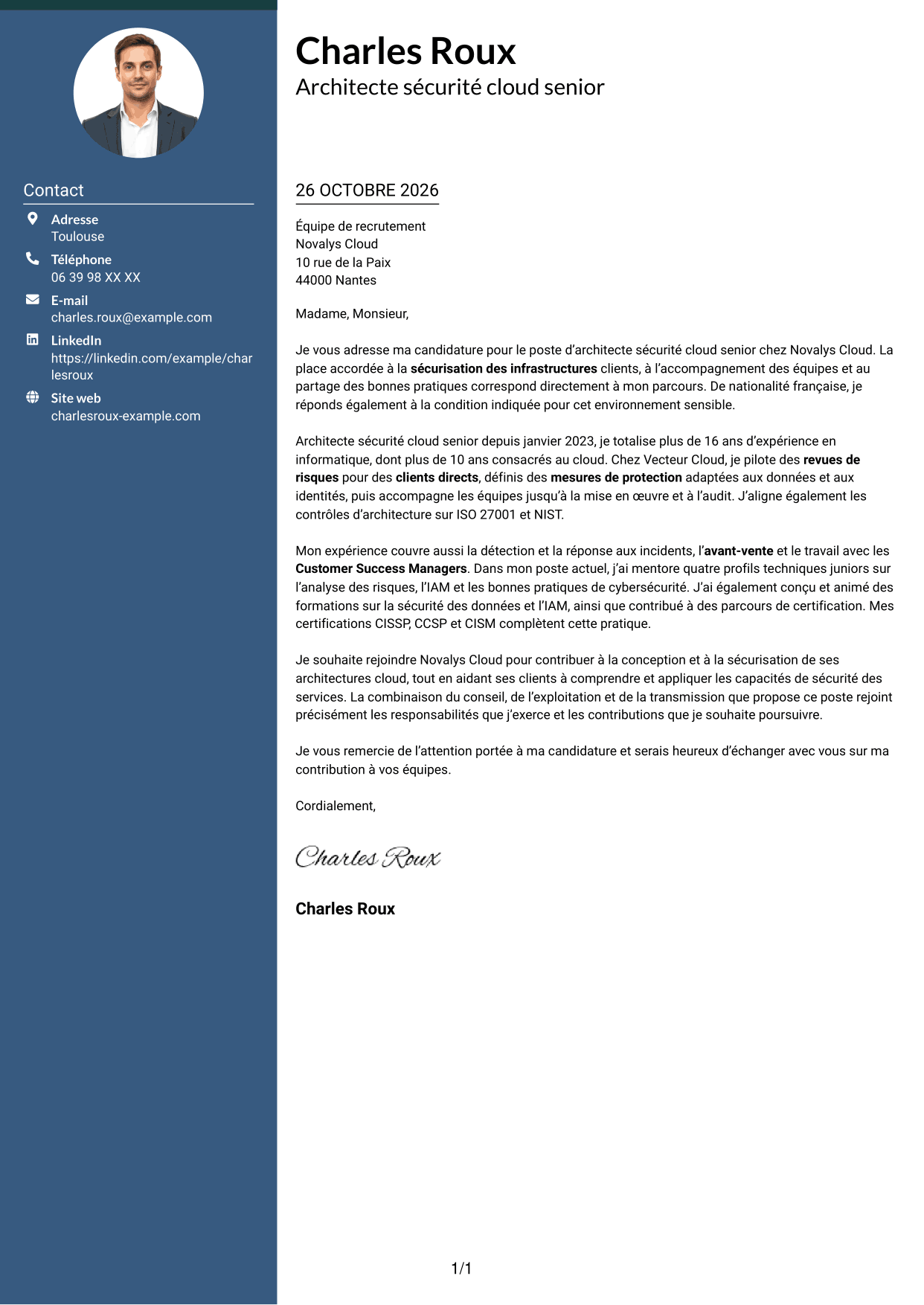 Lettre de motivation Élégant (format à colonne latérale colorée avec photo) : Architecte sécurité cloud senior, page 1
