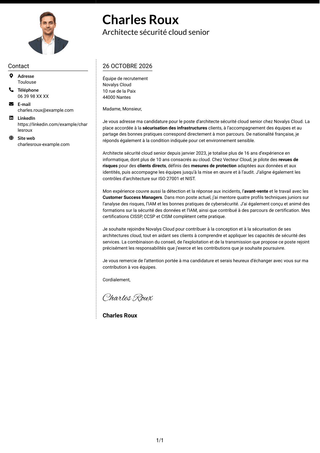 Lettre de motivation Moderne (format à deux colonnes avec photo à gauche et séparateur) : Architecte sécurité cloud senior, page 1