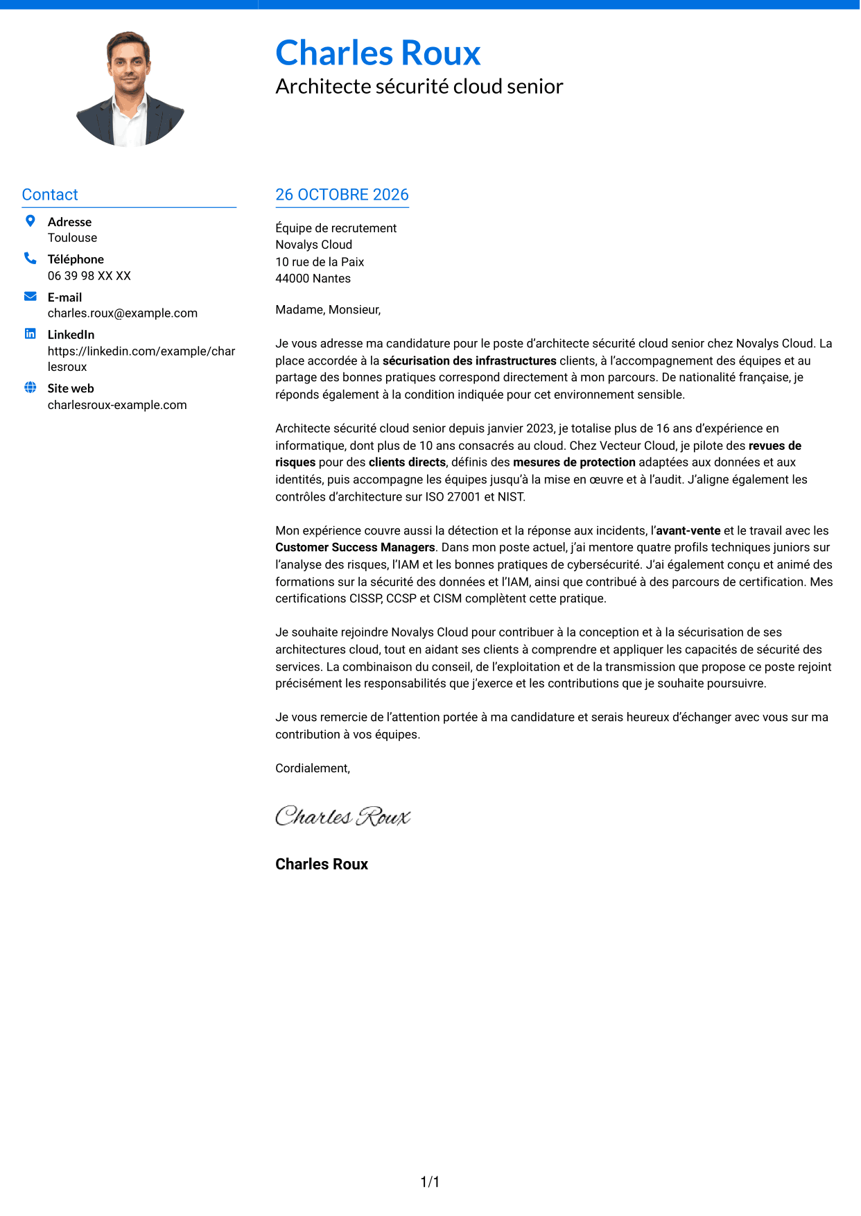 Lettre de motivation Audacieux (format à deux colonnes avec accents colorés et photo) : Architecte sécurité cloud senior, page 1