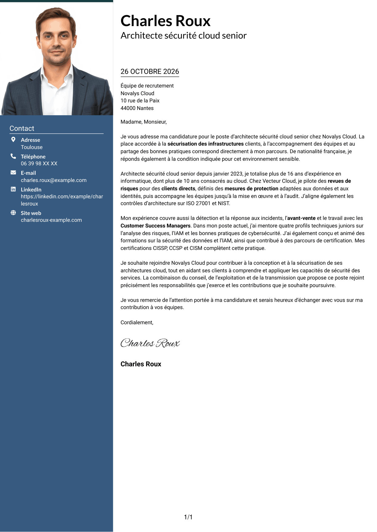 Lettre de motivation Signature (format à colonne latérale colorée avec grande photo) : Architecte sécurité cloud senior, page 1