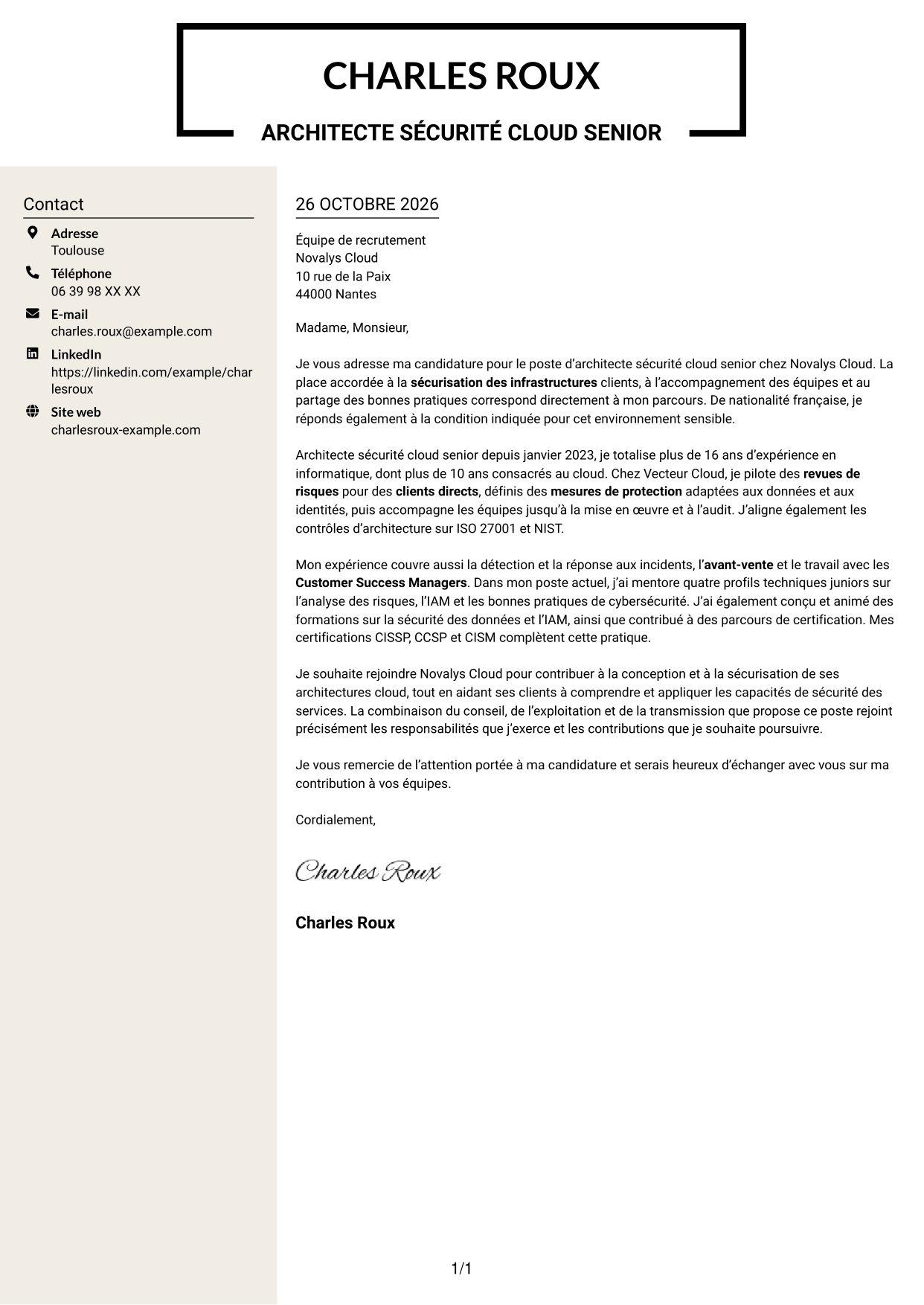 Lettre de motivation Fonceur (format à deux colonnes avec en-tête centré sans photo) : Architecte sécurité cloud senior, page 1