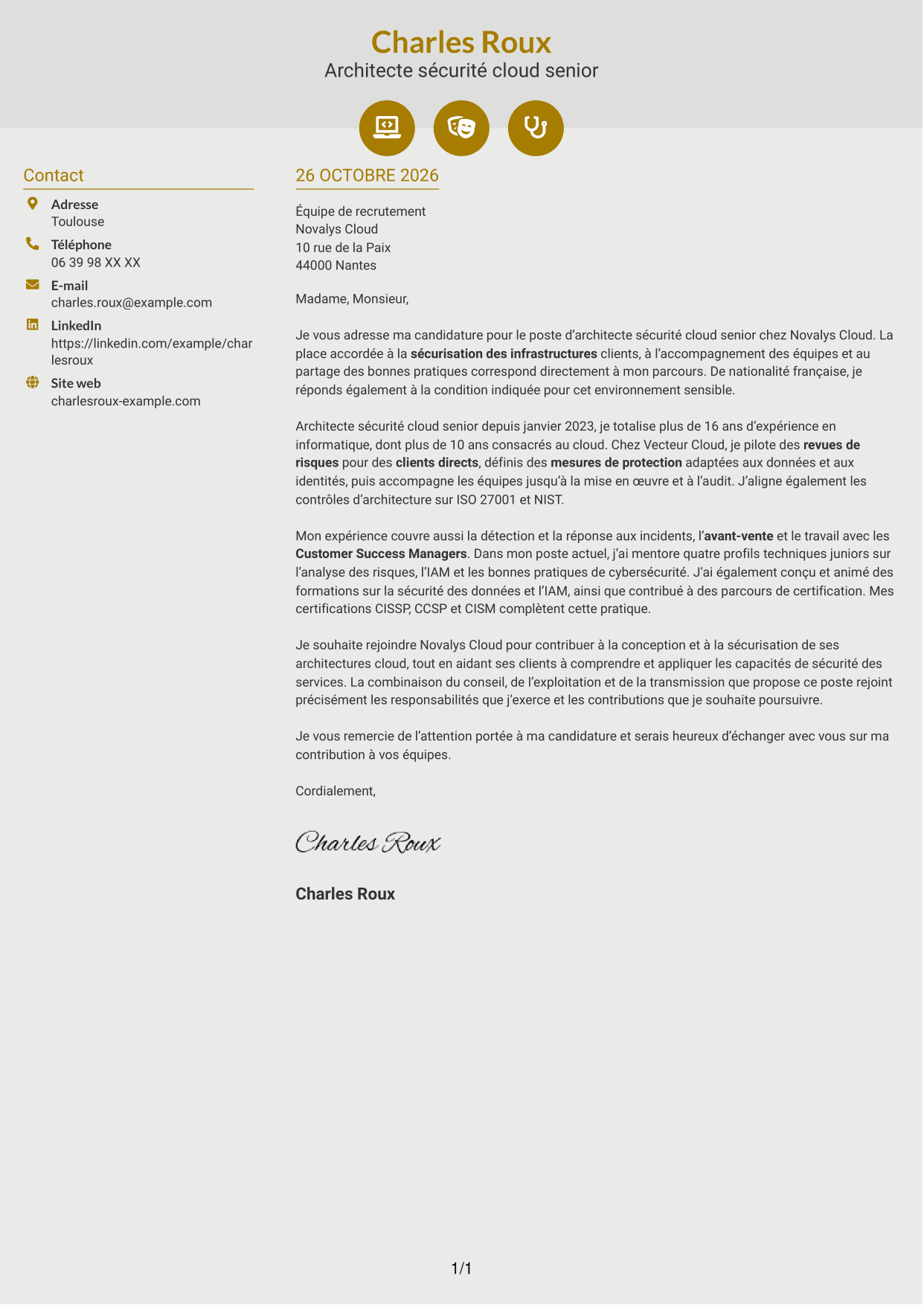 Lettre de motivation Dynamique (format à deux colonnes avec icônes) : Architecte sécurité cloud senior, page 1