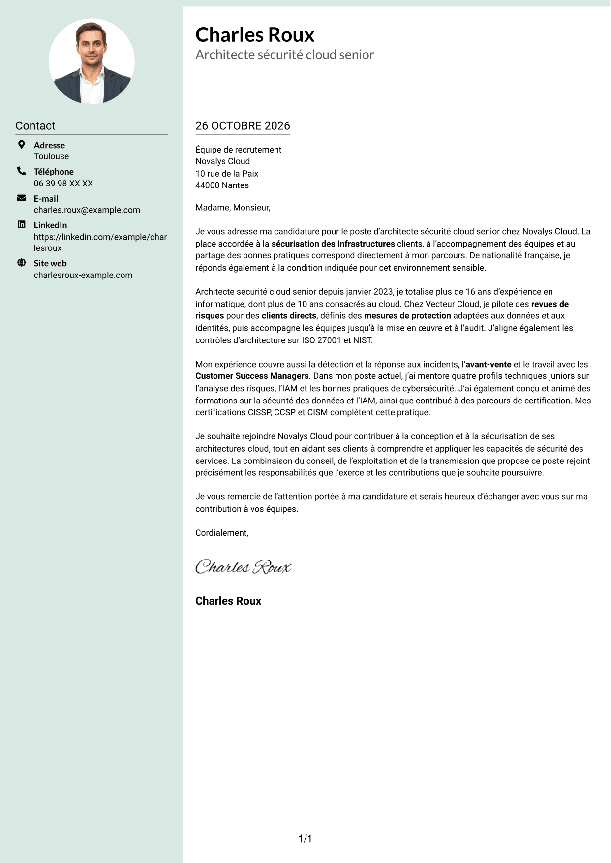 Lettre de motivation Cadre (format à colonne latérale douce avec photo arrondie) : Architecte sécurité cloud senior, page 1