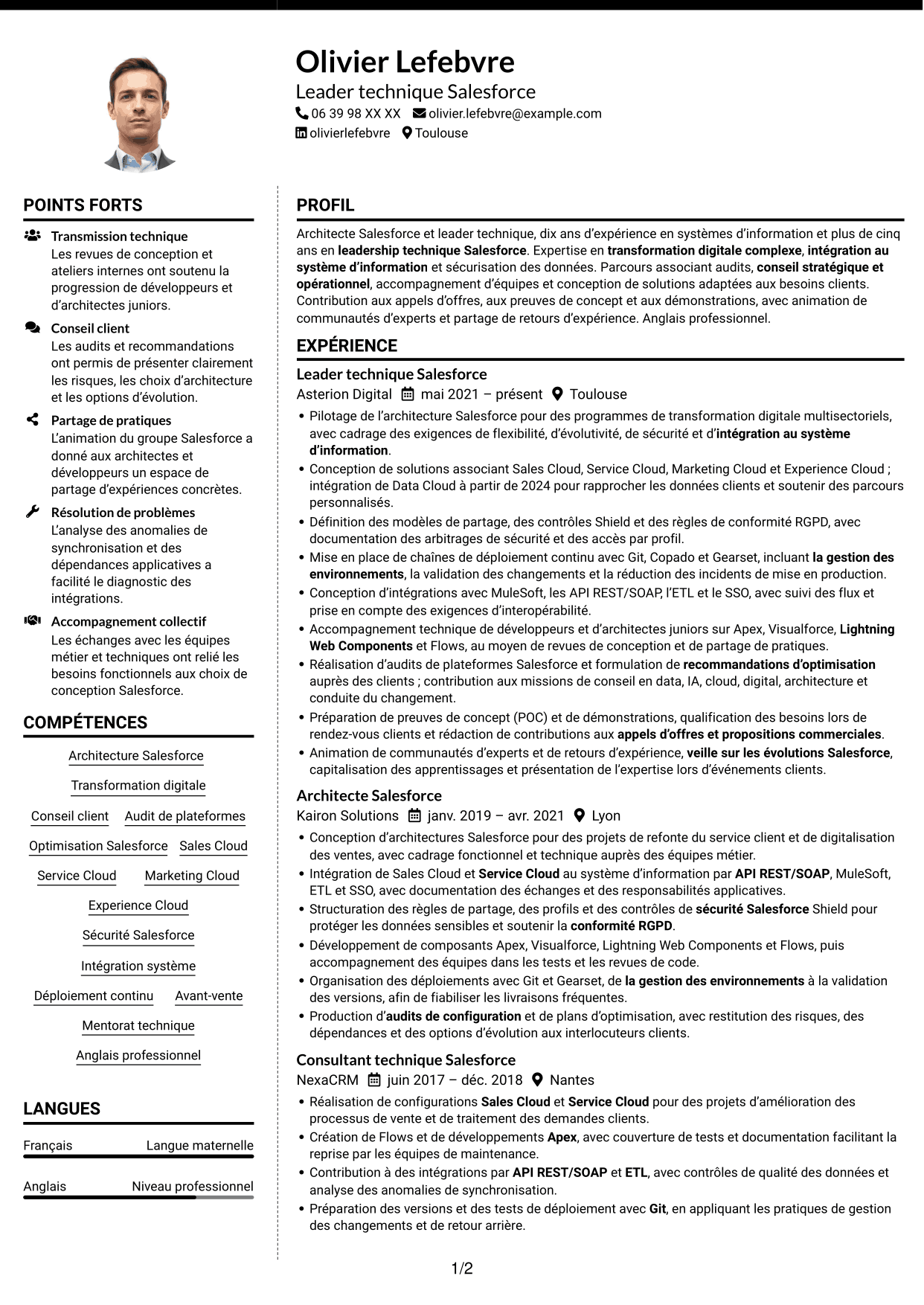 CV Moderne (format à deux colonnes avec photo à gauche et séparateur) : Architecte Salesforce, page 1