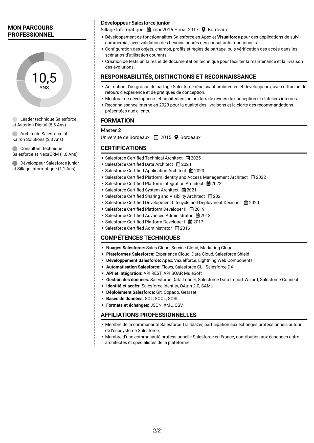CV Moderne (format à deux colonnes avec photo à gauche et séparateur) : Architecte Salesforce, page 2