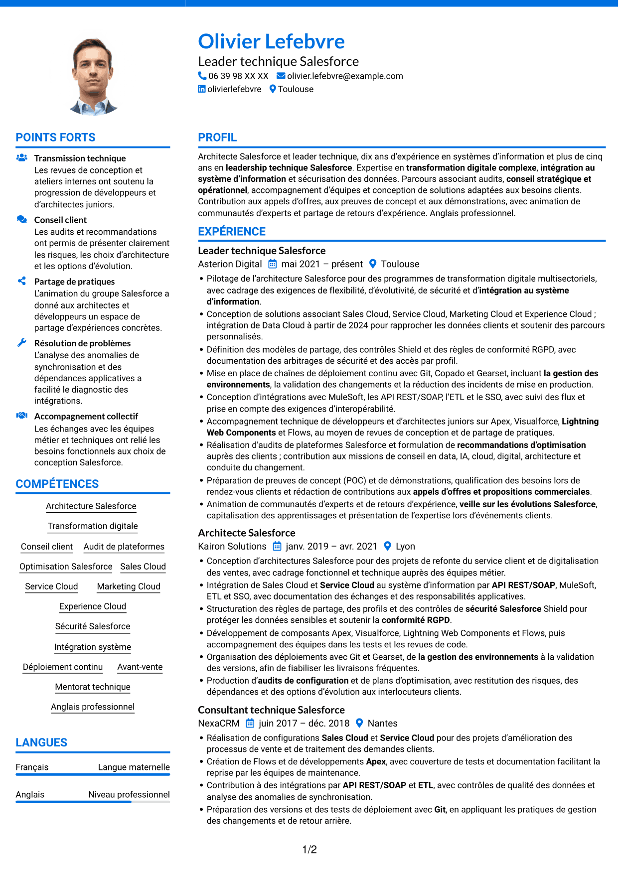 CV Audacieux (format à deux colonnes avec accents colorés et photo) : Architecte Salesforce, page 1