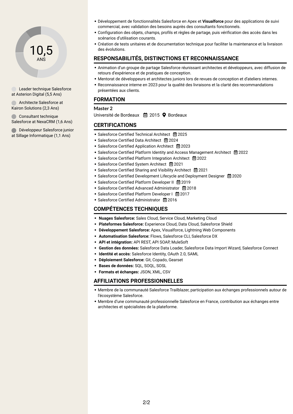 CV Fonceur (format à deux colonnes avec en-tête centré sans photo) : Architecte Salesforce, page 2