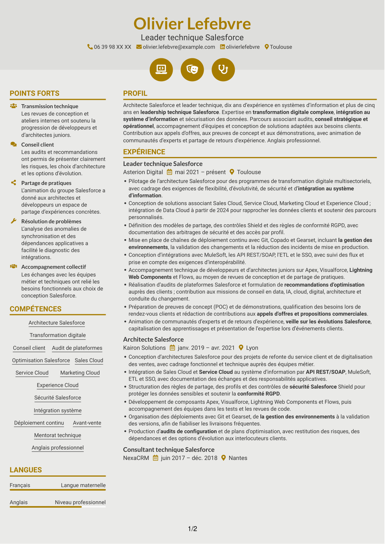 CV Dynamique (format à deux colonnes avec icônes) : Architecte Salesforce, page 1