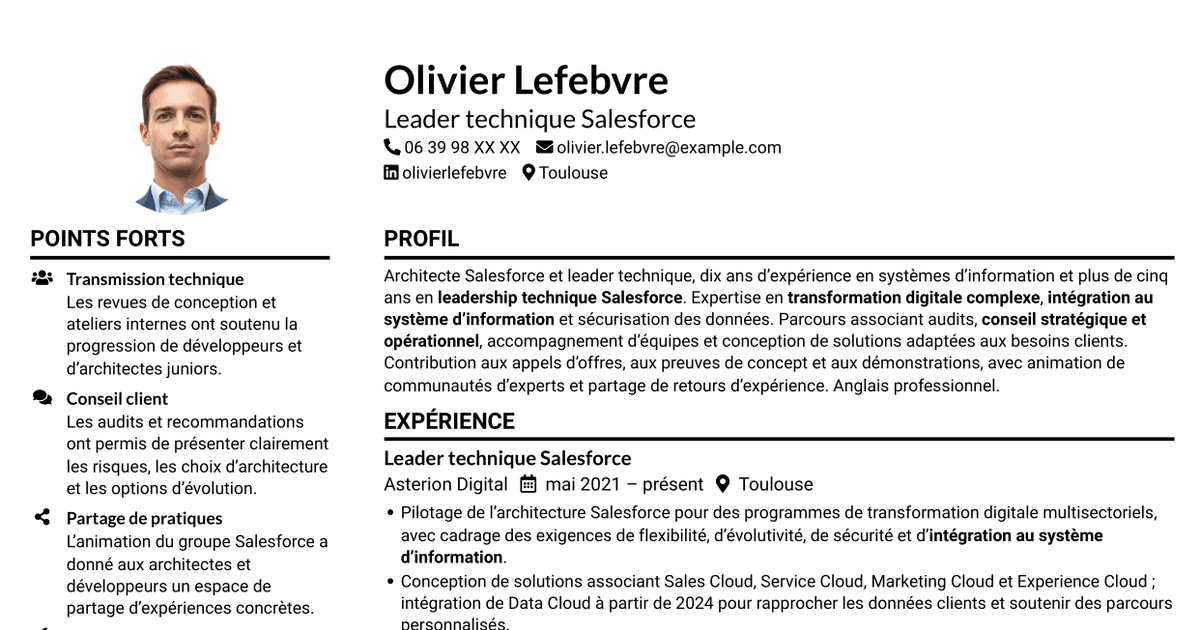 7 modèles de CV pour Architecte Salesforce, avec exemples