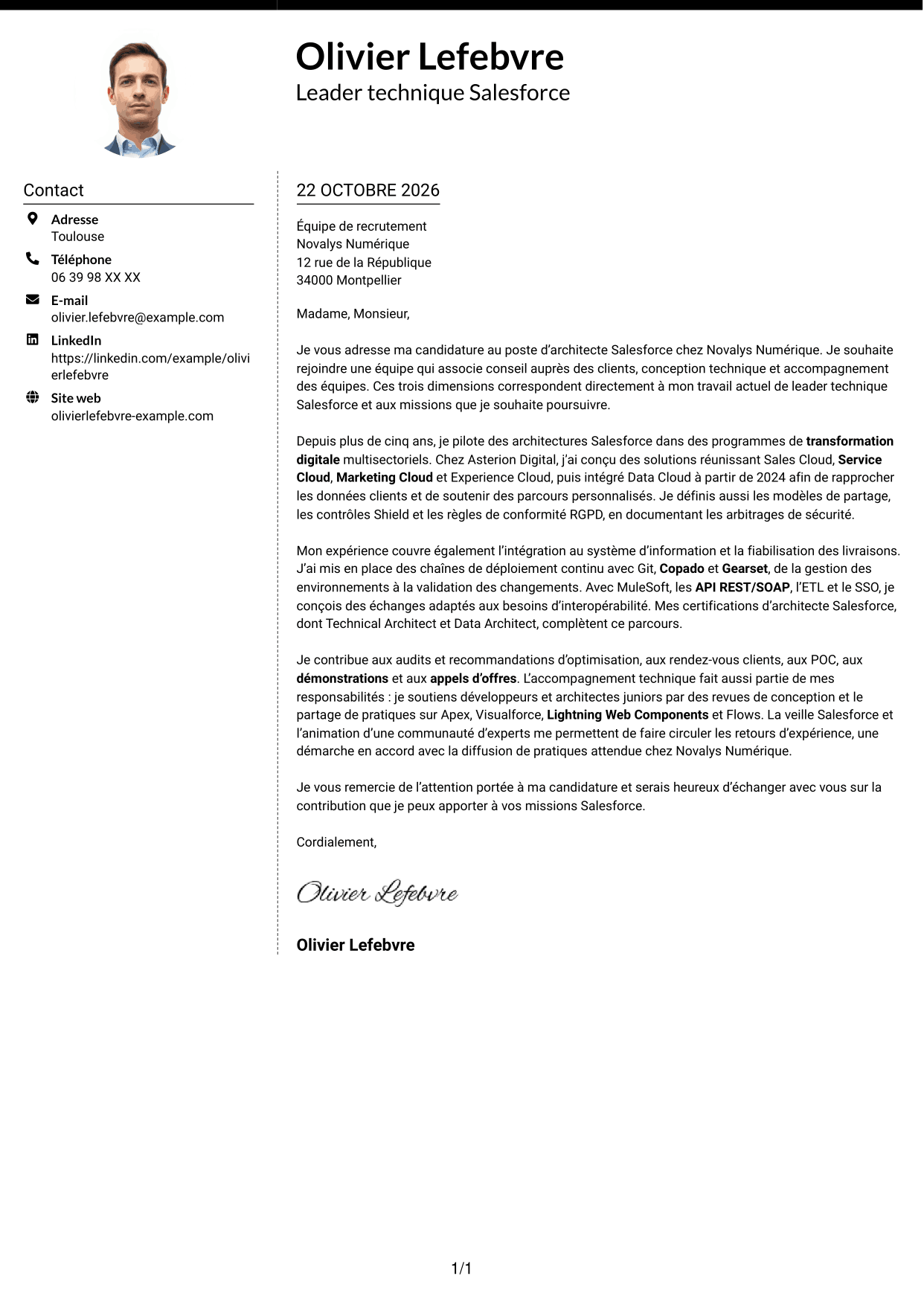 Lettre de motivation Moderne (format à deux colonnes avec photo à gauche et séparateur) : Architecte Salesforce, page 1