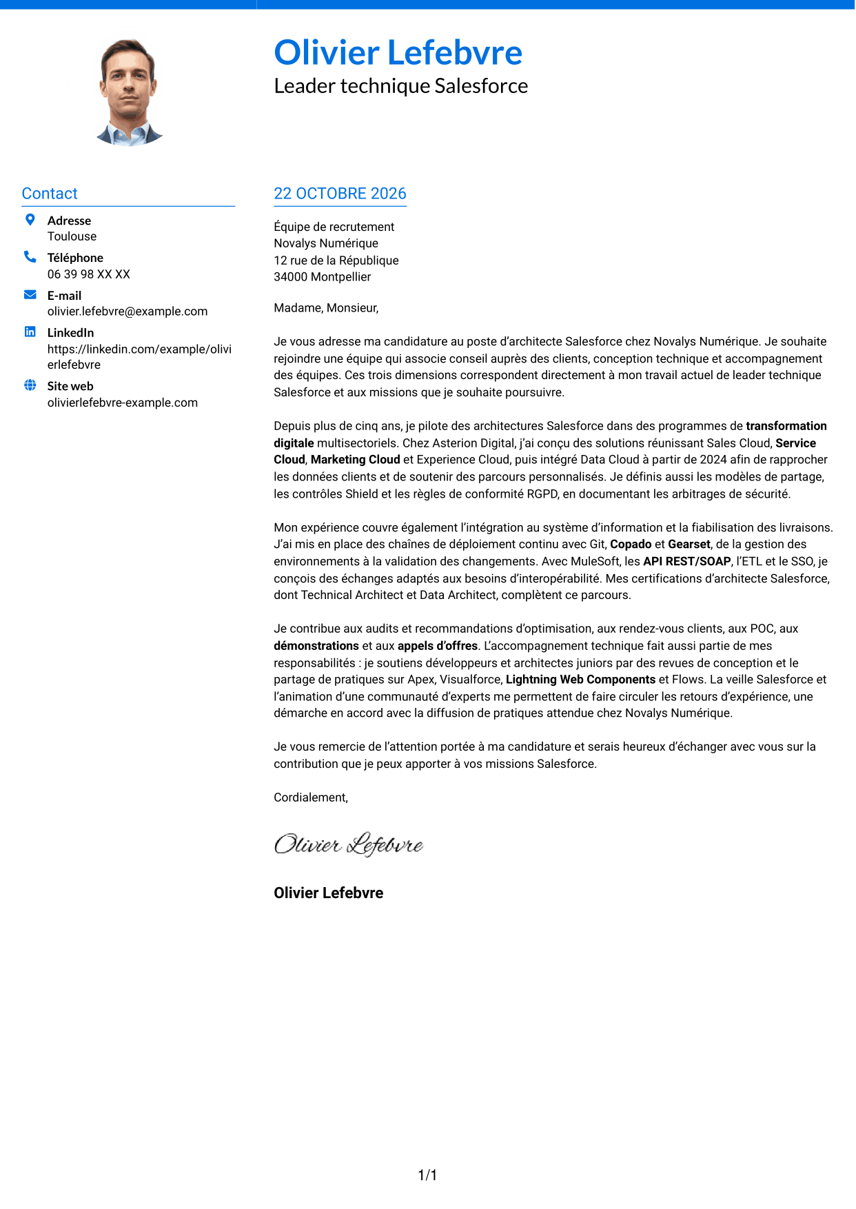 Lettre de motivation Audacieux (format à deux colonnes avec accents colorés et photo) : Architecte Salesforce, page 1