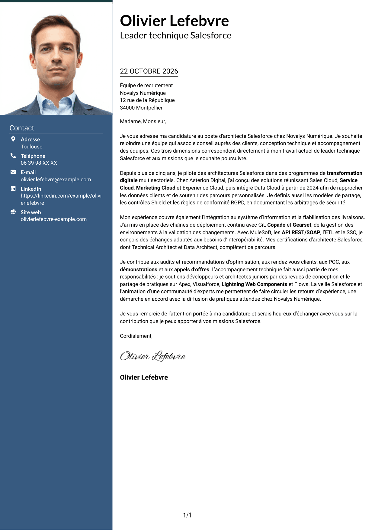 Lettre de motivation Signature (format à colonne latérale colorée avec grande photo) : Architecte Salesforce, page 1
