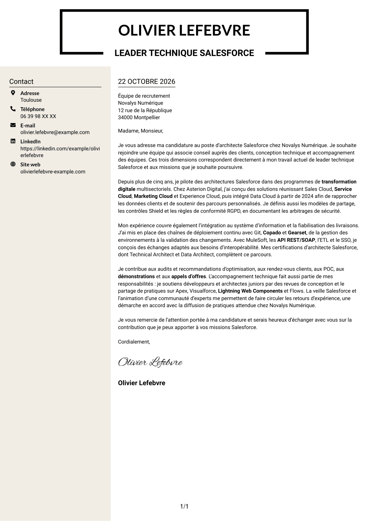 Lettre de motivation Fonceur (format à deux colonnes avec en-tête centré sans photo) : Architecte Salesforce, page 1