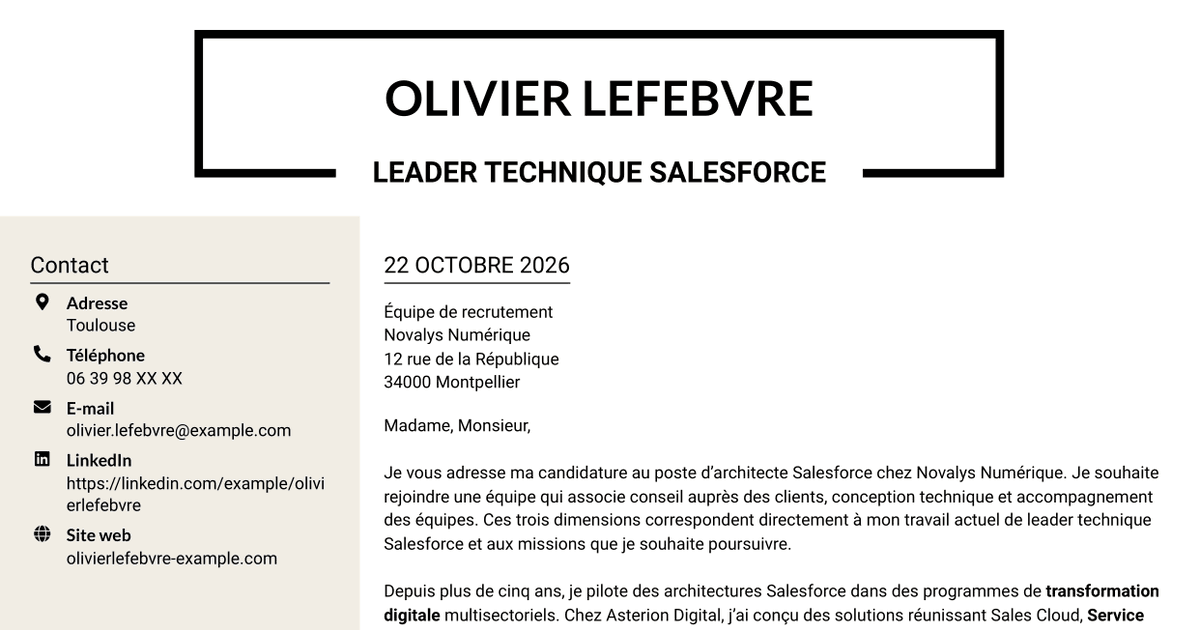 7 modèles de lettre de motivation pour Architecte Salesforce, avec exemples