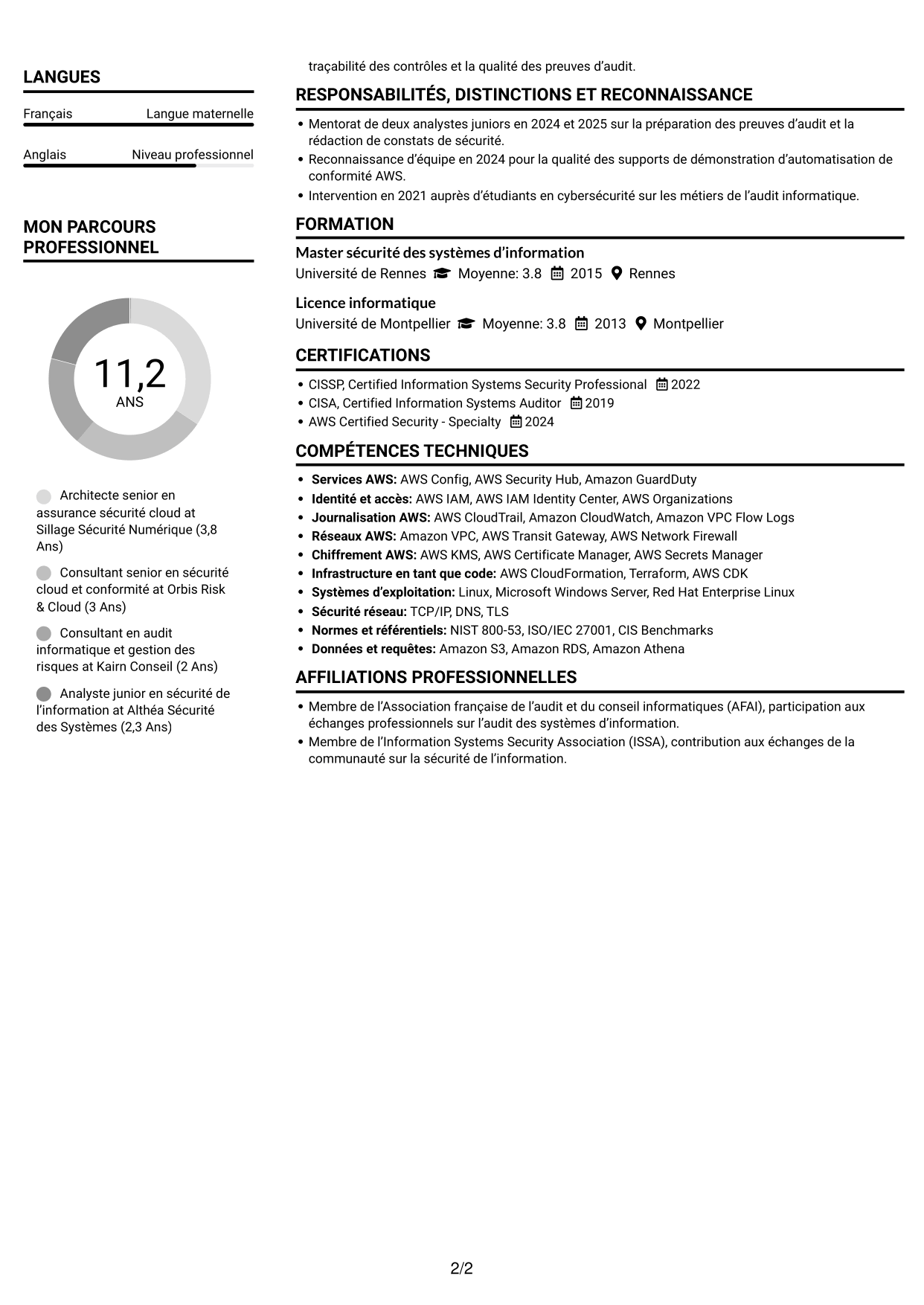 CV Compact (format sobre à deux colonnes avec photo) : Architecte senior en assurance sécurité - Conformité cloud, page 2