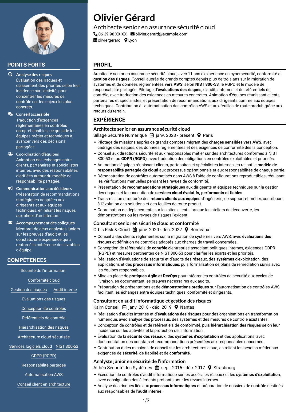 CV Élégant (format à colonne latérale colorée avec photo) : Architecte senior en assurance sécurité - Conformité cloud, page 1