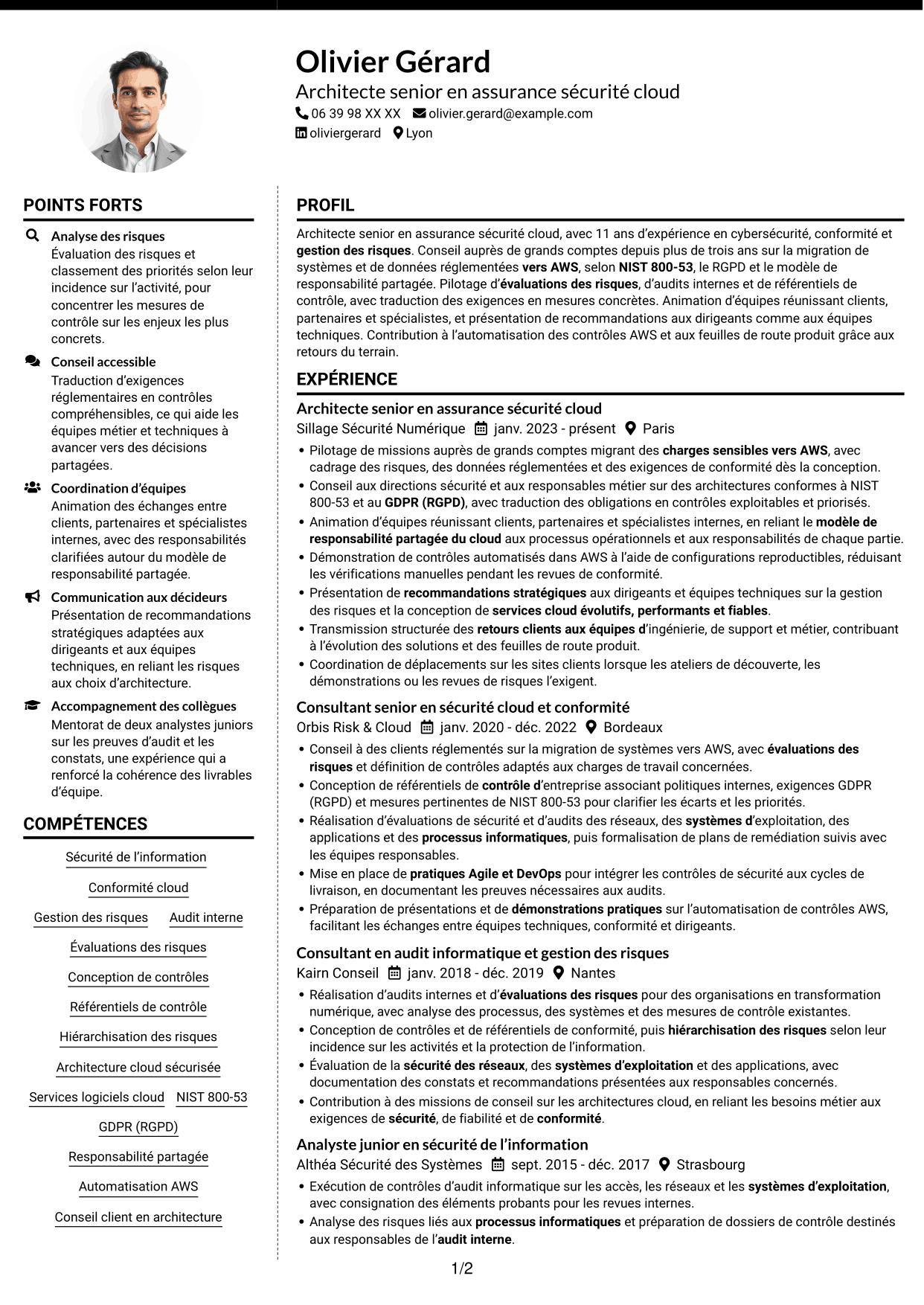 CV Moderne (format à deux colonnes avec photo à gauche et séparateur) : Architecte senior en assurance sécurité - Conformité cloud, page 1