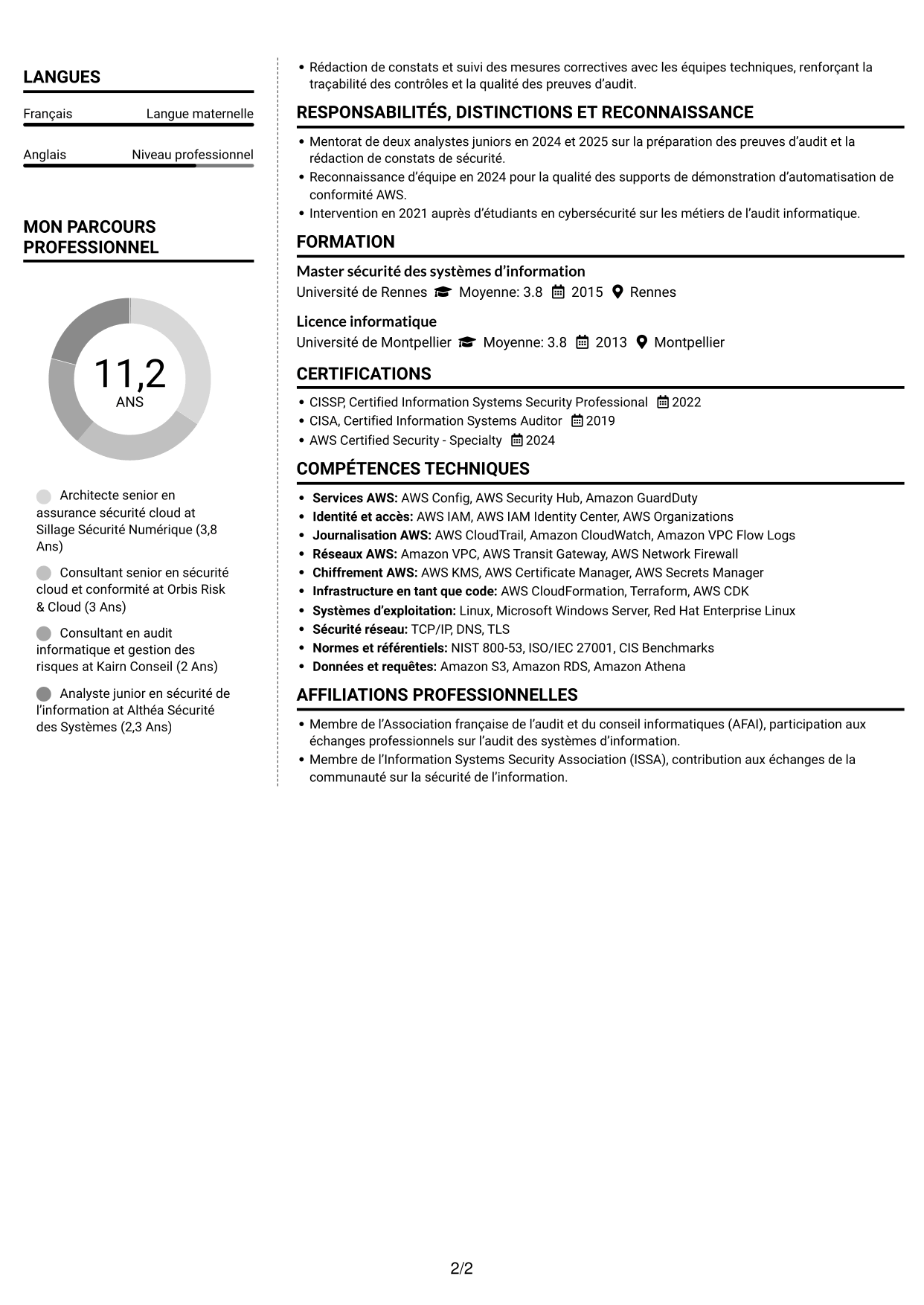 CV Moderne (format à deux colonnes avec photo à gauche et séparateur) : Architecte senior en assurance sécurité - Conformité cloud, page 2