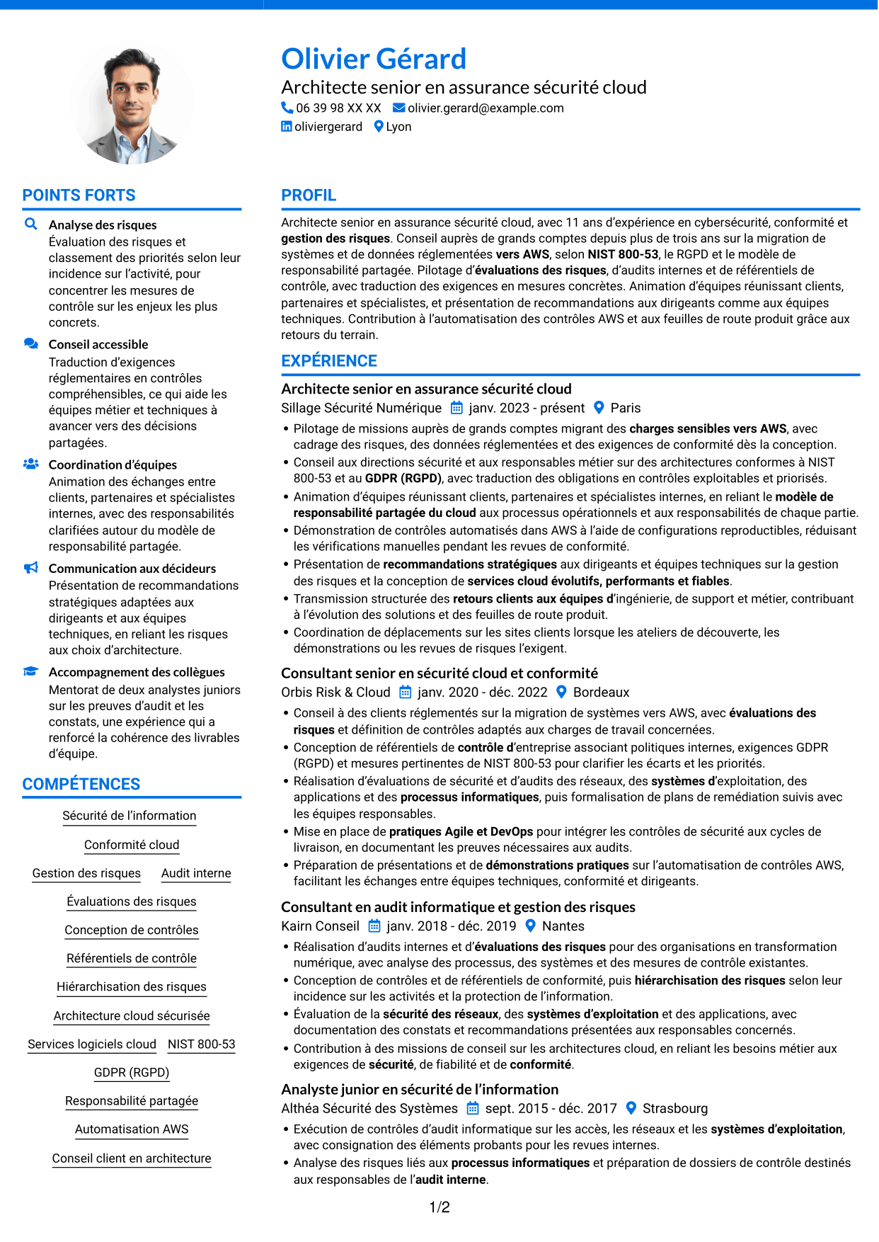 CV Audacieux (format à deux colonnes avec accents colorés et photo) : Architecte senior en assurance sécurité - Conformité cloud, page 1