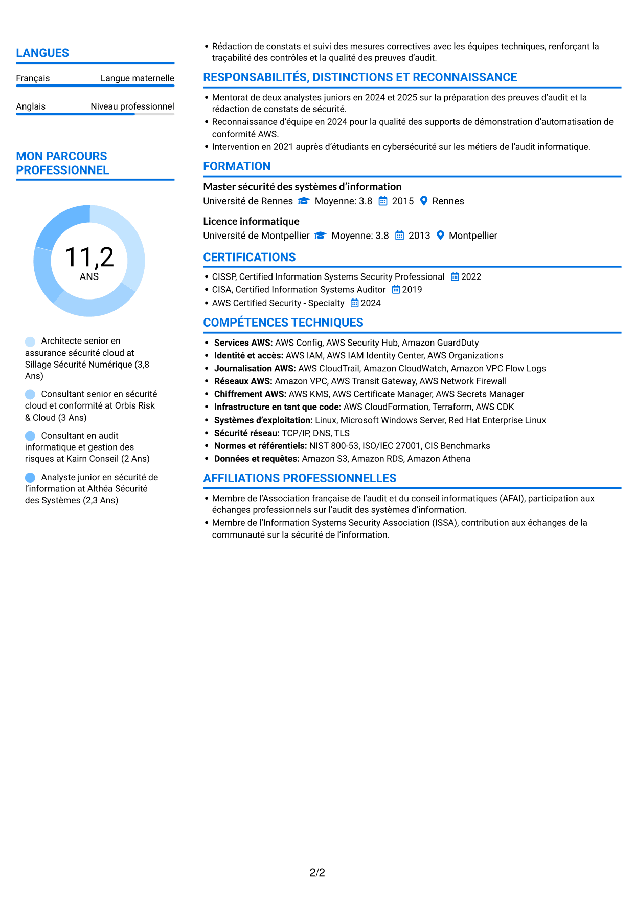 CV Audacieux (format à deux colonnes avec accents colorés et photo) : Architecte senior en assurance sécurité - Conformité cloud, page 2