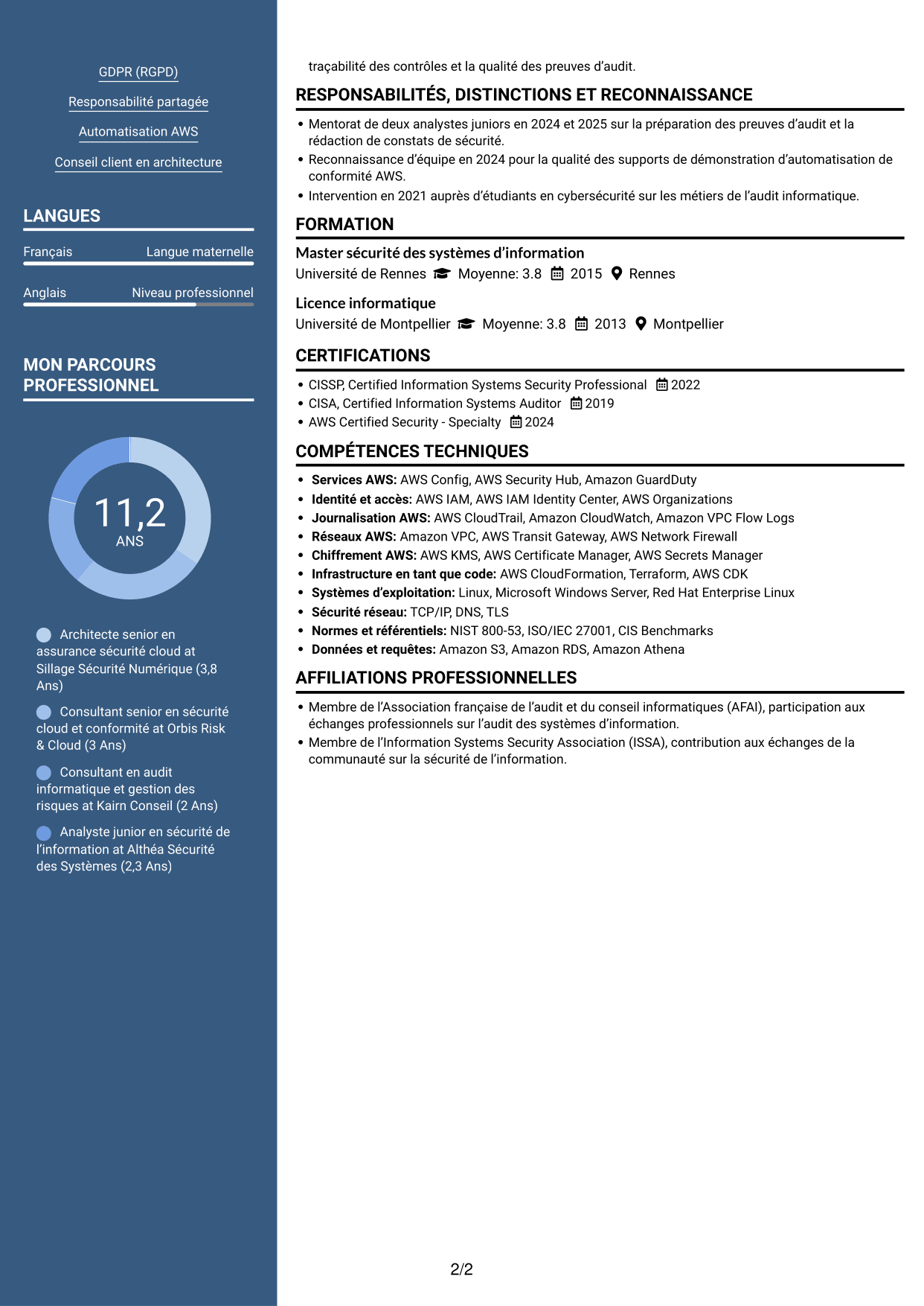 CV Signature (format à colonne latérale colorée avec grande photo) : Architecte senior en assurance sécurité - Conformité cloud, page 2