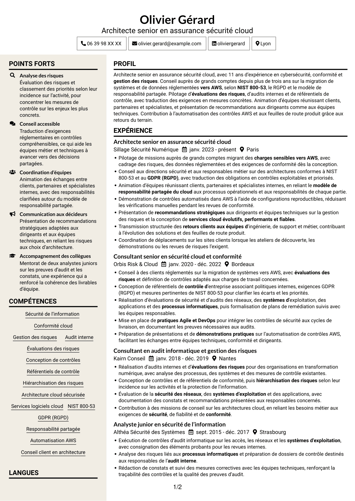 CV Fonceur (format à deux colonnes avec en-tête centré sans photo) : Architecte senior en assurance sécurité - Conformité cloud, page 1