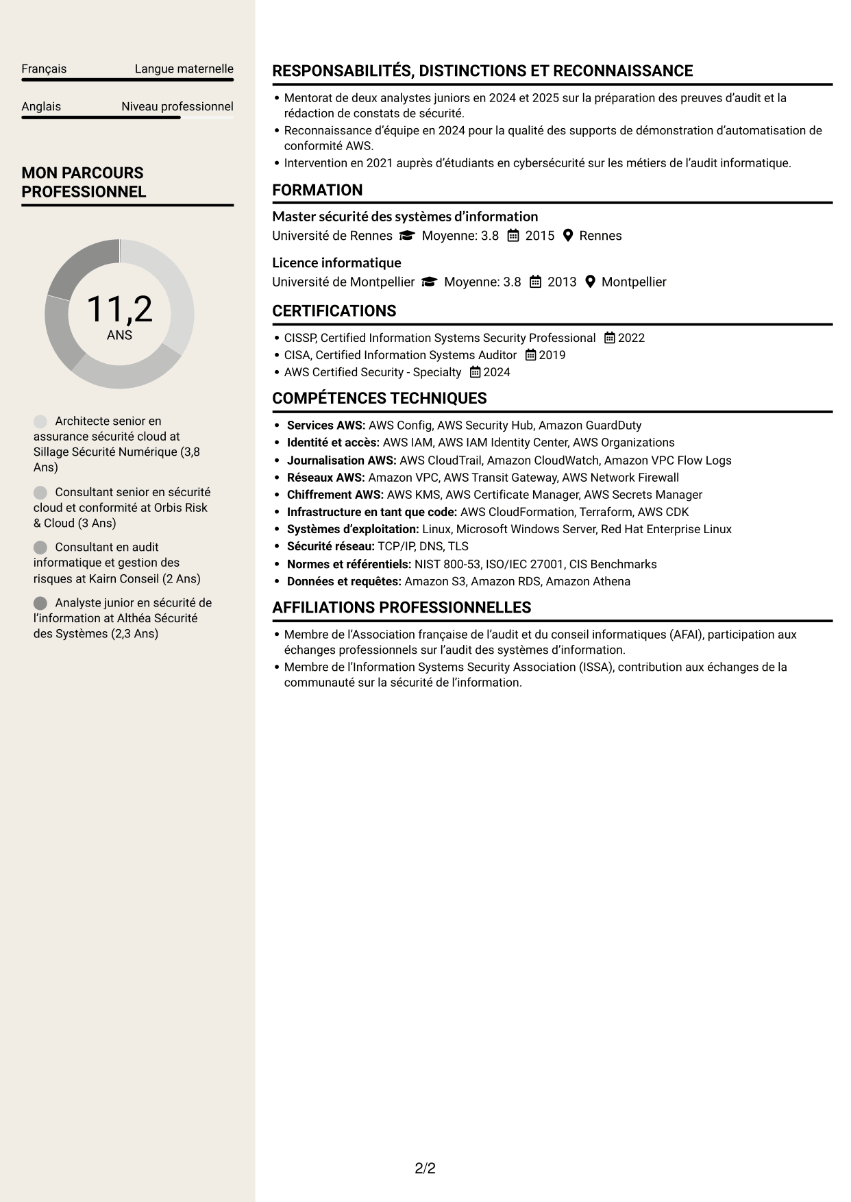 CV Fonceur (format à deux colonnes avec en-tête centré sans photo) : Architecte senior en assurance sécurité - Conformité cloud, page 2