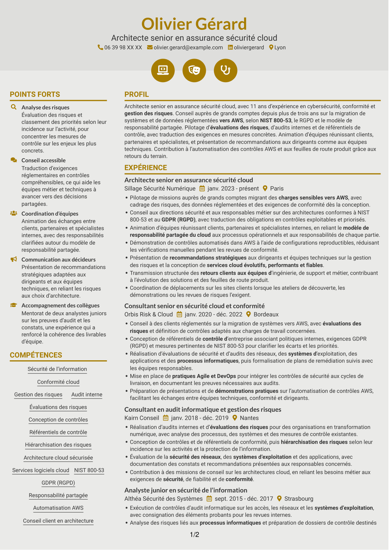 CV Dynamique (format à deux colonnes avec icônes) : Architecte senior en assurance sécurité - Conformité cloud, page 1