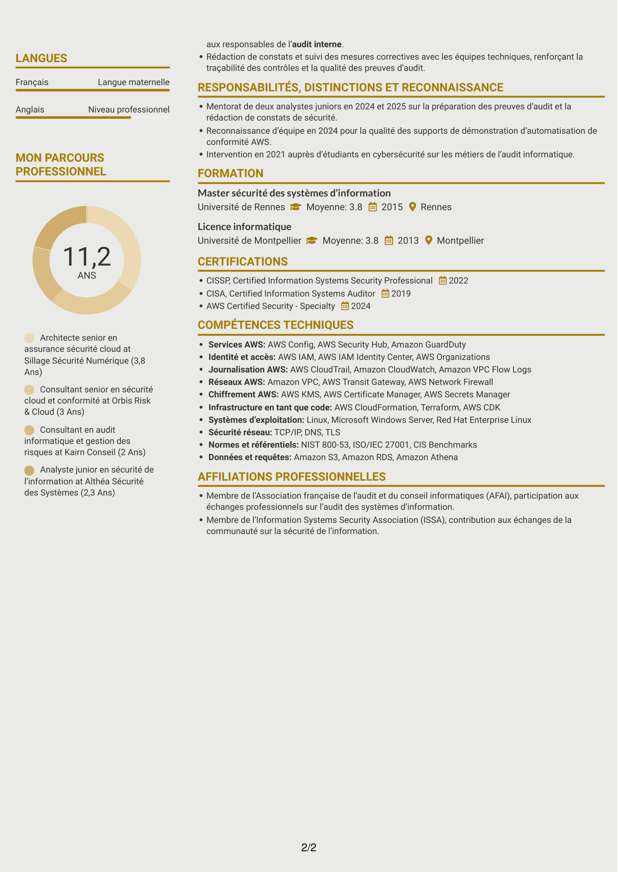 CV Dynamique (format à deux colonnes avec icônes) : Architecte senior en assurance sécurité - Conformité cloud, page 2
