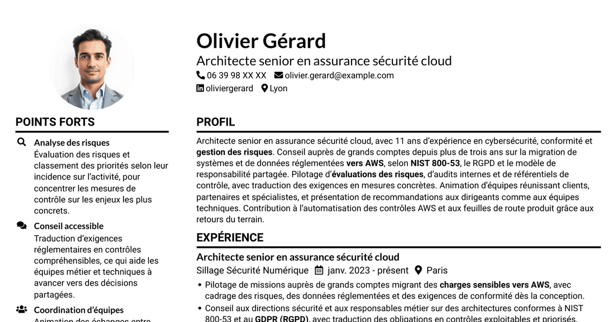 7 modèles de CV pour Architecte senior en assurance sécurité - Conformité cloud, avec exemples