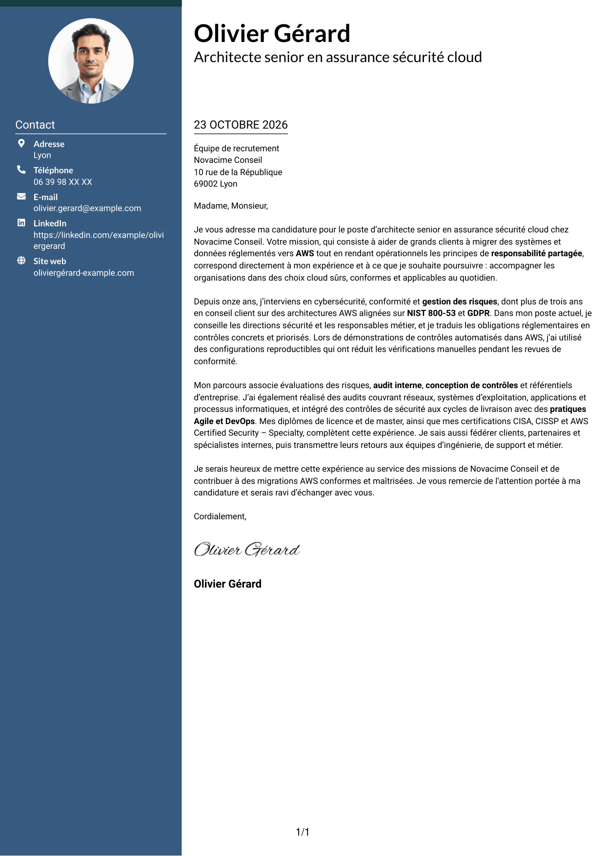 Lettre de motivation Élégant (format à colonne latérale colorée avec photo) : Architecte senior en assurance sécurité - Conformité cloud, page 1