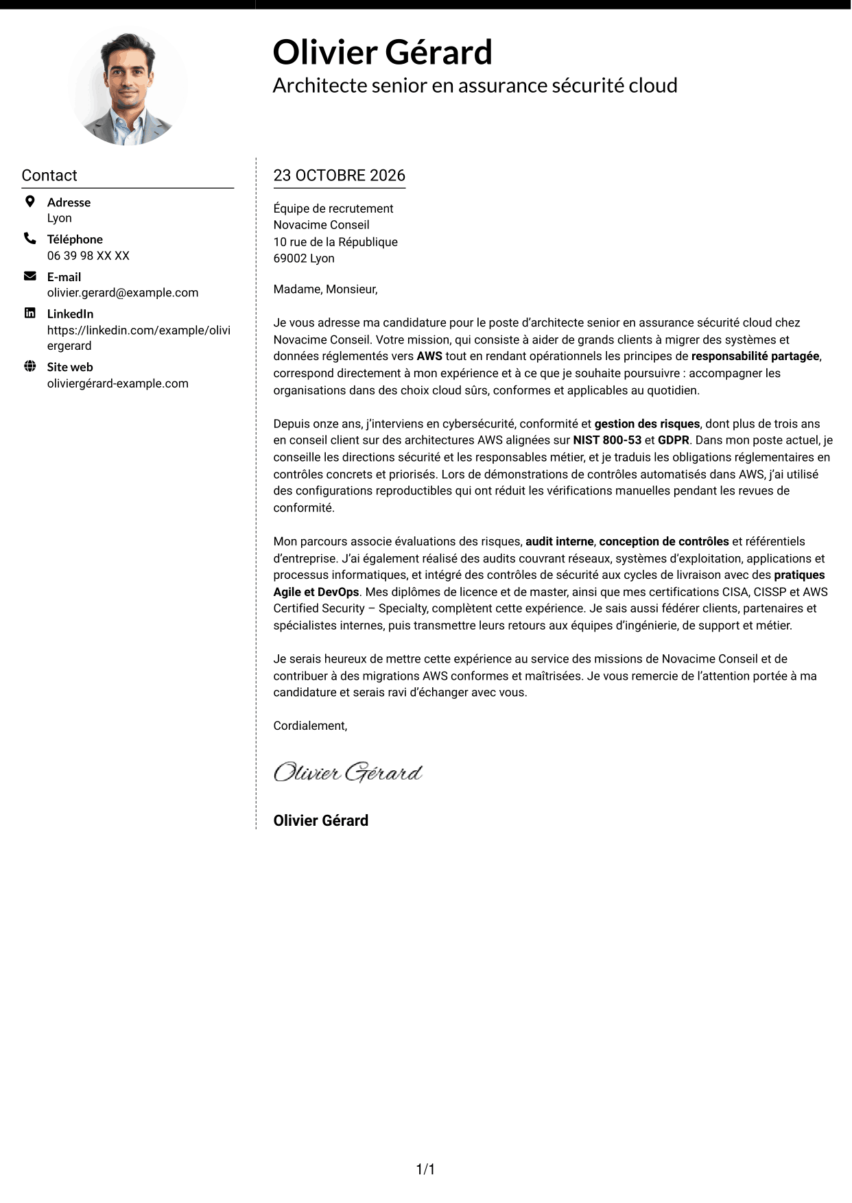 Lettre de motivation Moderne (format à deux colonnes avec photo à gauche et séparateur) : Architecte senior en assurance sécurité - Conformité cloud, page 1