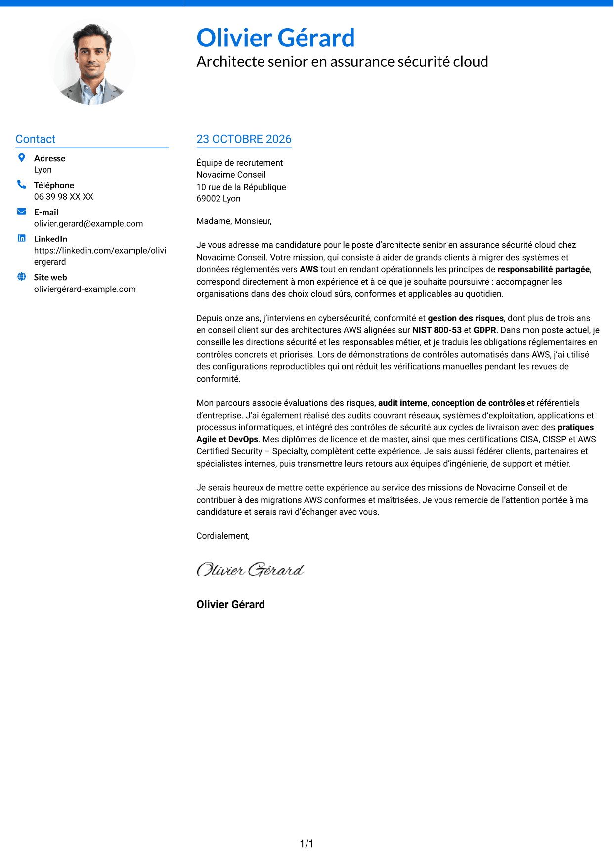Lettre de motivation Audacieux (format à deux colonnes avec accents colorés et photo) : Architecte senior en assurance sécurité - Conformité cloud, page 1