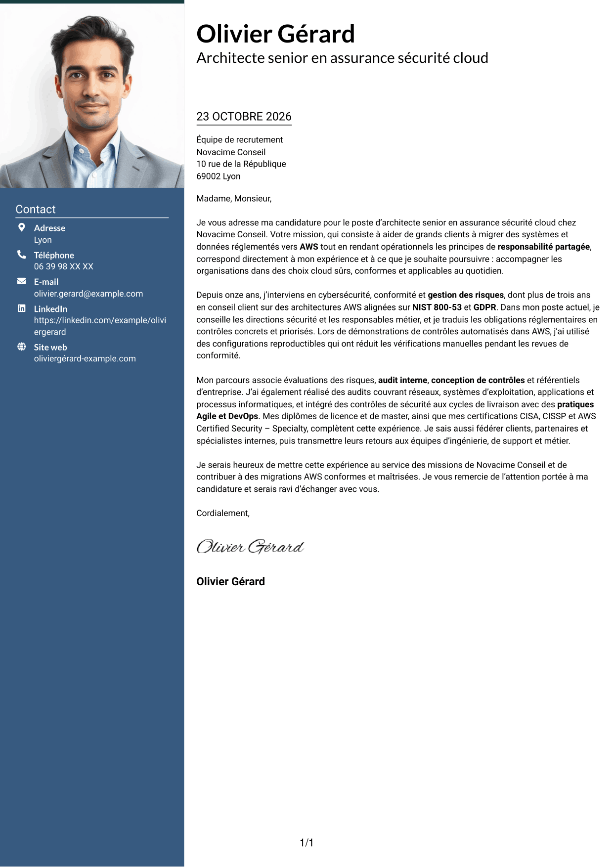 Lettre de motivation Signature (format à colonne latérale colorée avec grande photo) : Architecte senior en assurance sécurité - Conformité cloud, page 1