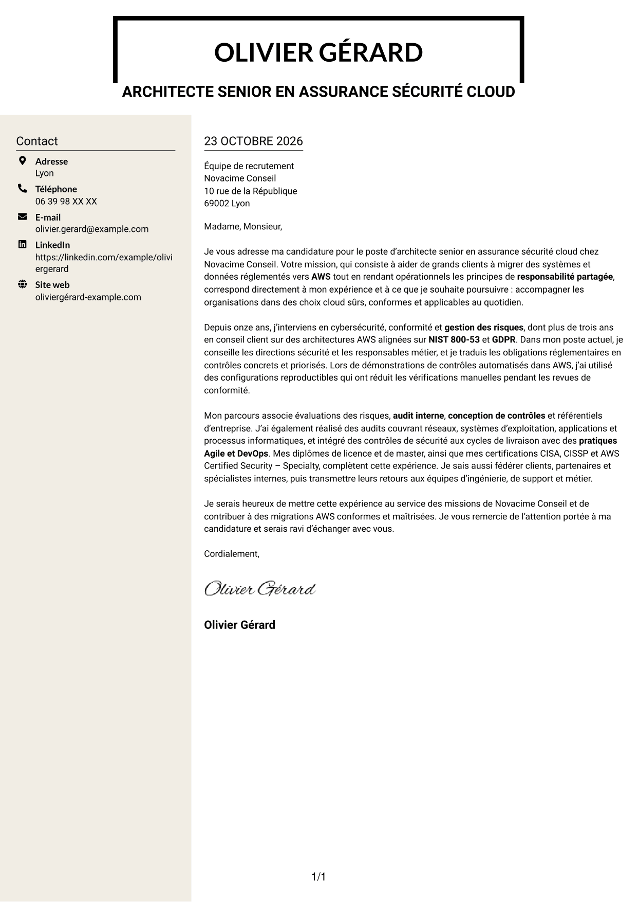 Lettre de motivation Fonceur (format à deux colonnes avec en-tête centré sans photo) : Architecte senior en assurance sécurité - Conformité cloud, page 1