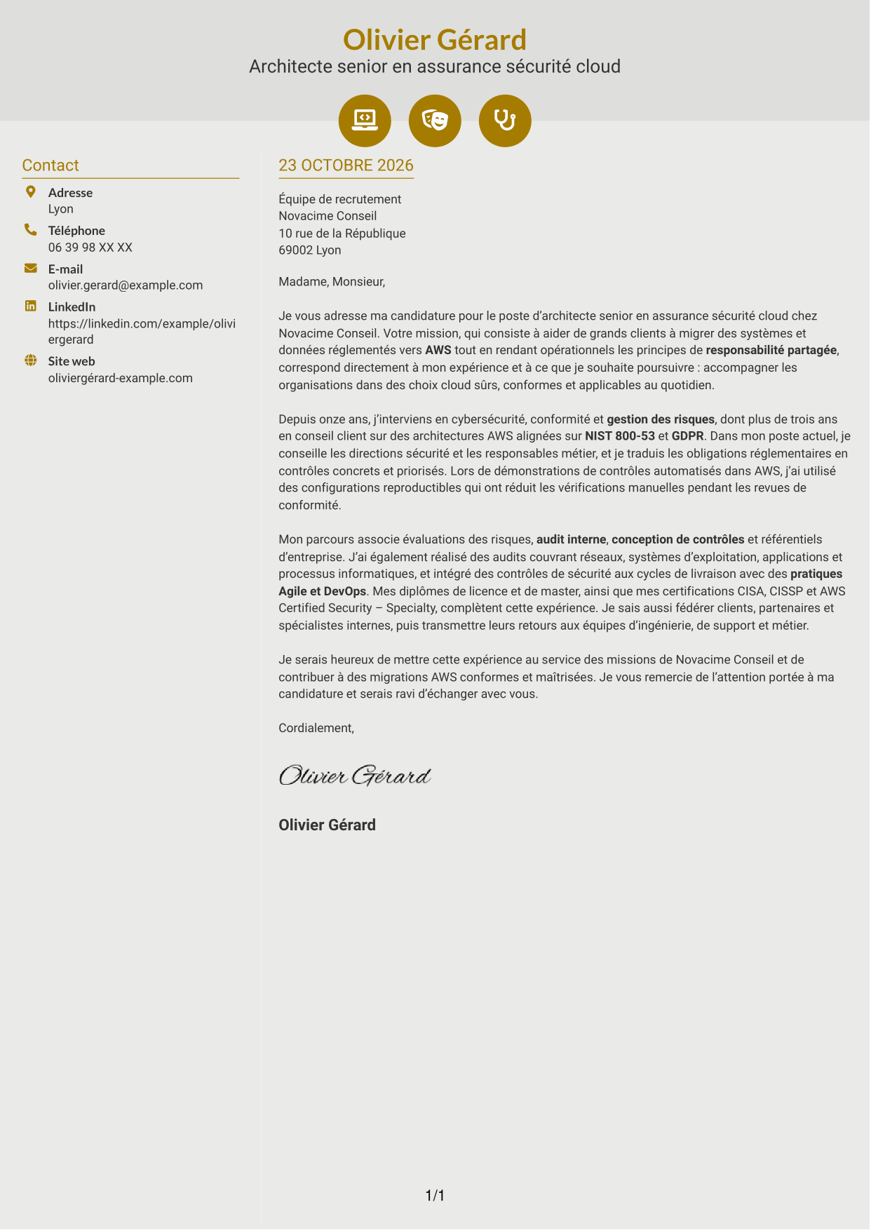 Lettre de motivation Dynamique (format à deux colonnes avec icônes) : Architecte senior en assurance sécurité - Conformité cloud, page 1