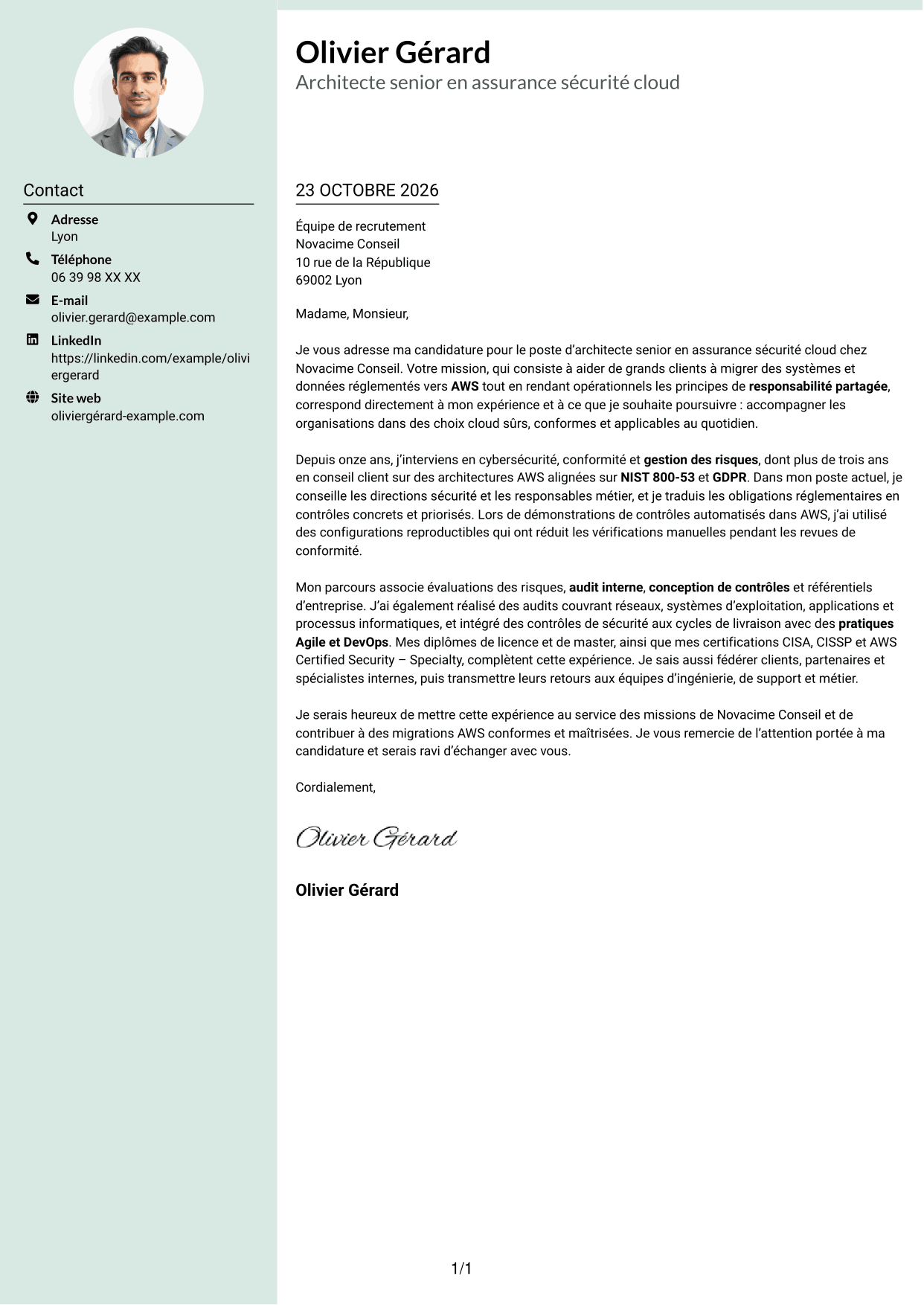 Lettre de motivation Cadre (format à colonne latérale douce avec photo arrondie) : Architecte senior en assurance sécurité - Conformité cloud, page 1