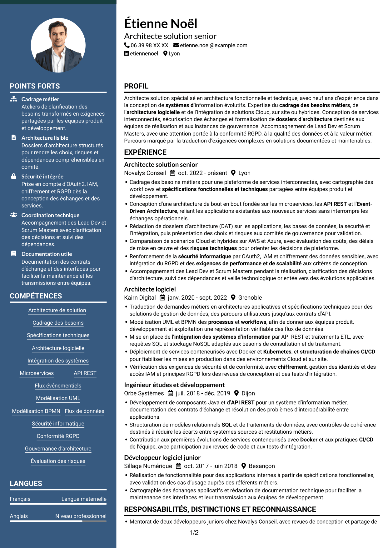 CV Élégant (format à colonne latérale colorée avec photo) : Architecte solution - Architecture logicielle et intégration, page 1