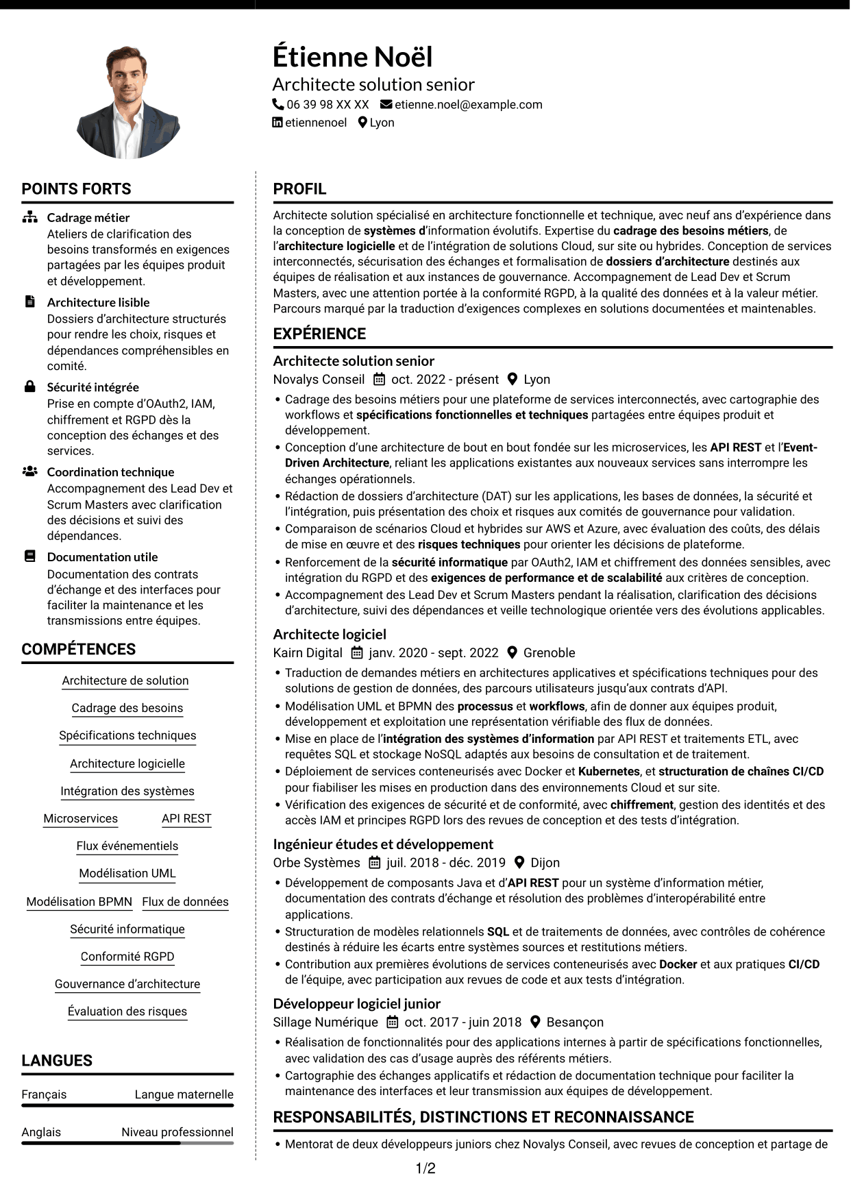 CV Moderne (format à deux colonnes avec photo à gauche et séparateur) : Architecte solution - Architecture logicielle et intégration, page 1