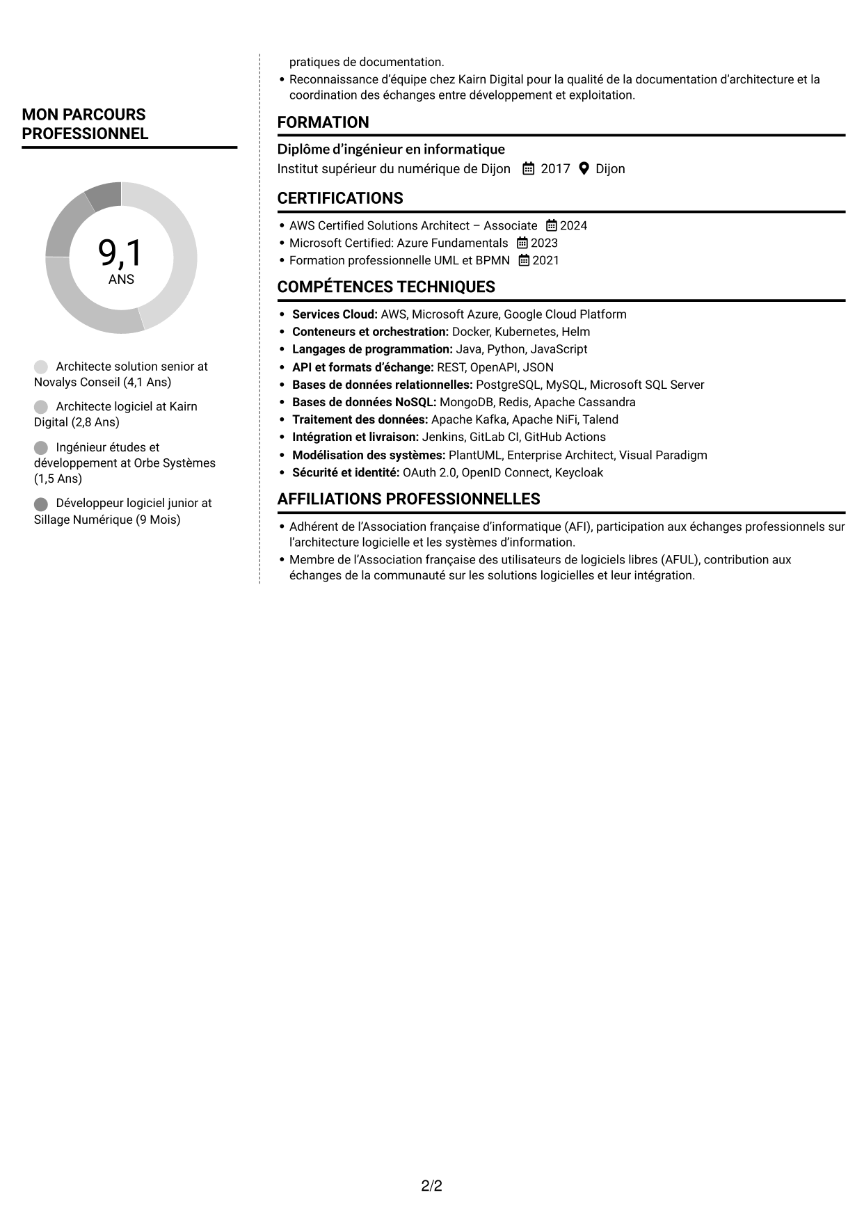 CV Moderne (format à deux colonnes avec photo à gauche et séparateur) : Architecte solution - Architecture logicielle et intégration, page 2