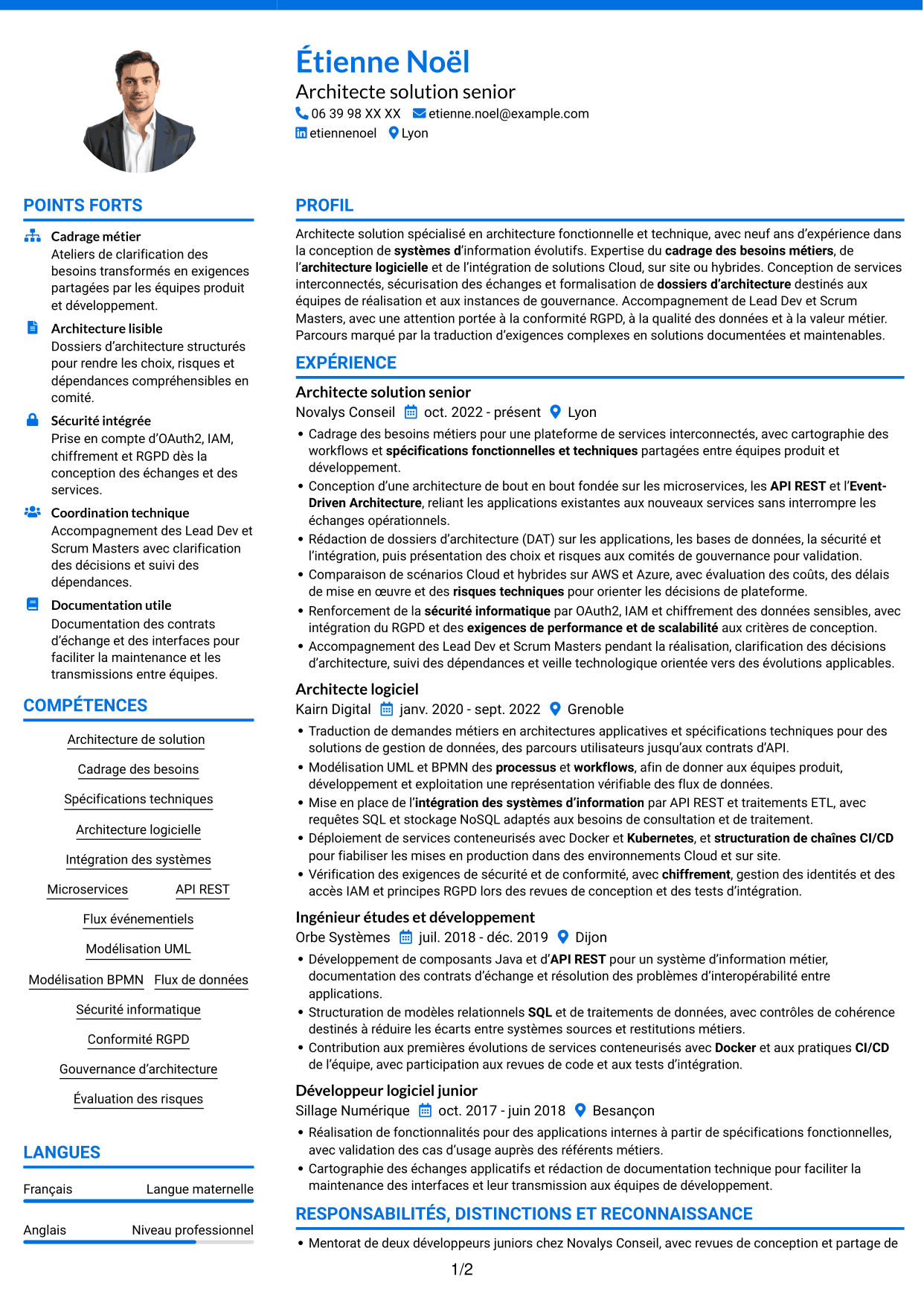 CV Audacieux (format à deux colonnes avec accents colorés et photo) : Architecte solution - Architecture logicielle et intégration, page 1