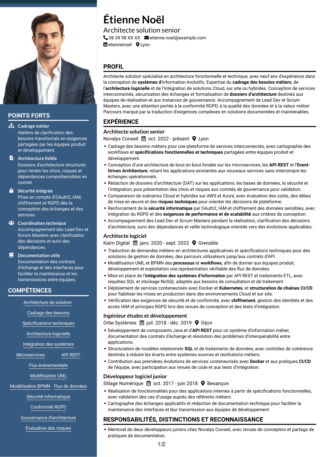CV Signature (format à colonne latérale colorée avec grande photo) : Architecte solution - Architecture logicielle et intégration, page 1